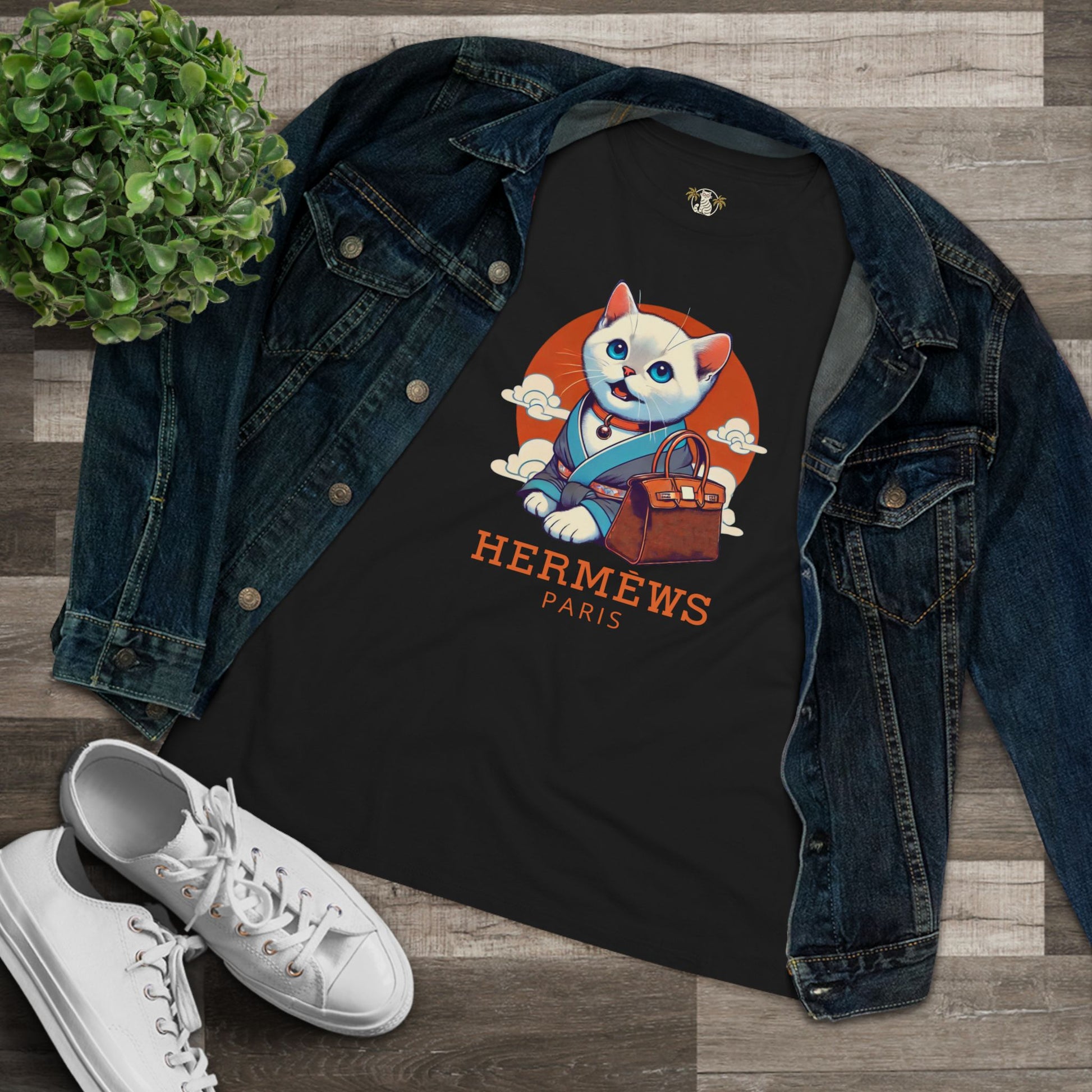 Hermèws Paris Cat Black T Shirt with denim jacket