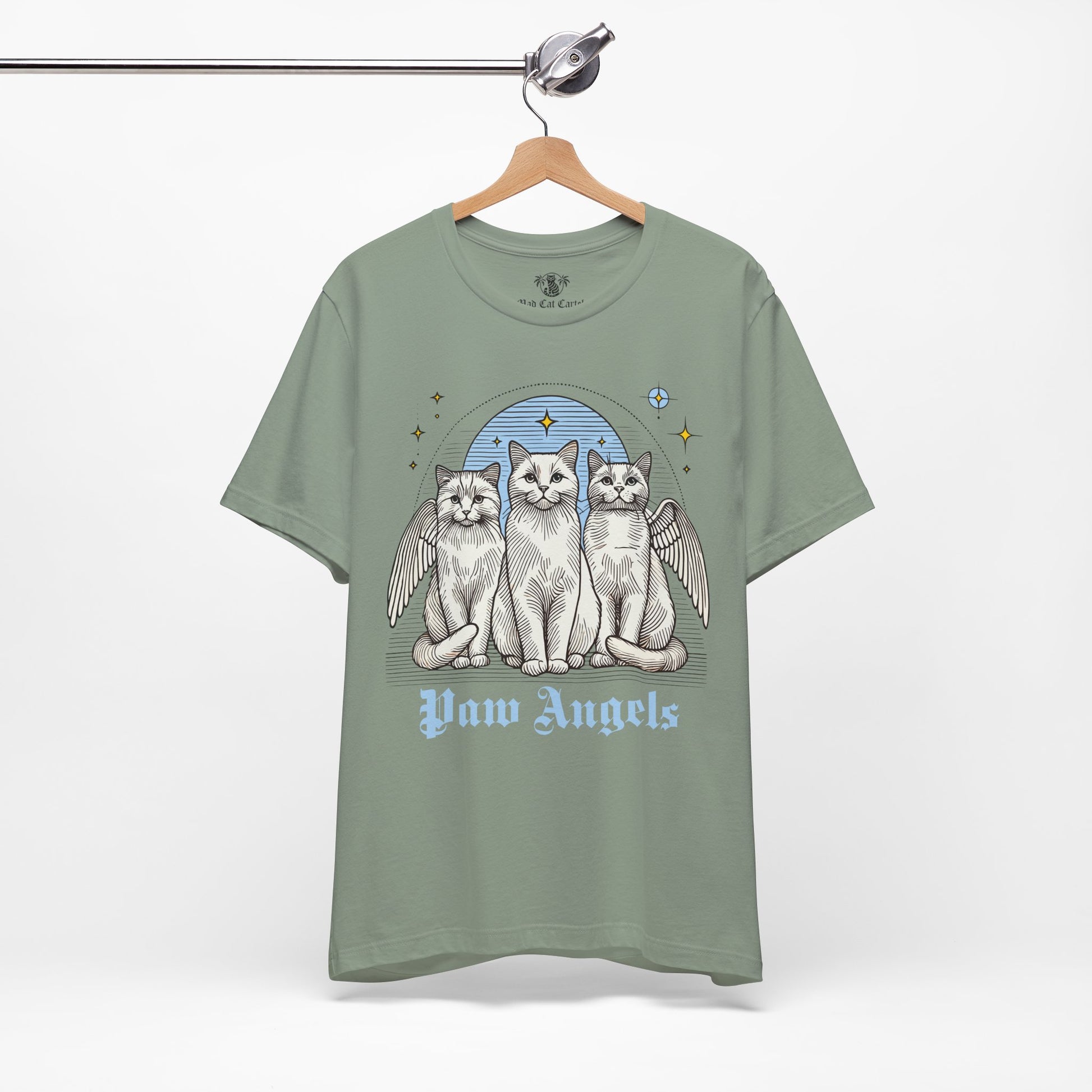 Sage Holy Trinity t shirt on hanger – tee shirts with cats