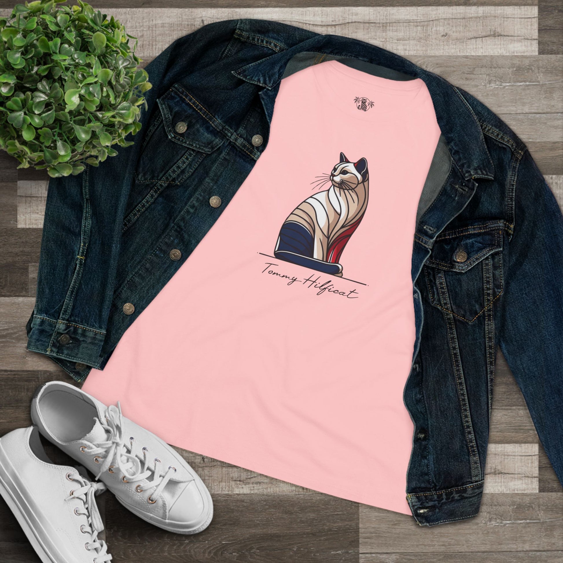flat lay Tommy Hilficat Sitting Icon T Shirt in Pink with denim, tee shirts with cats