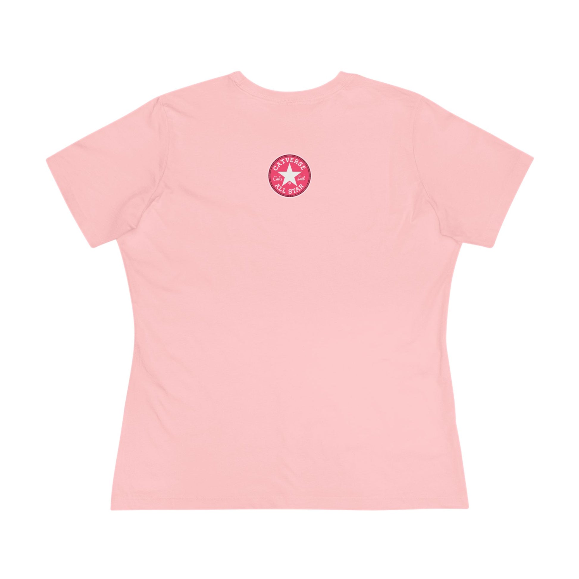 Pink Catverse Pinkbot tee back view with small logo, cat lover t shirts, cat t shirts for women