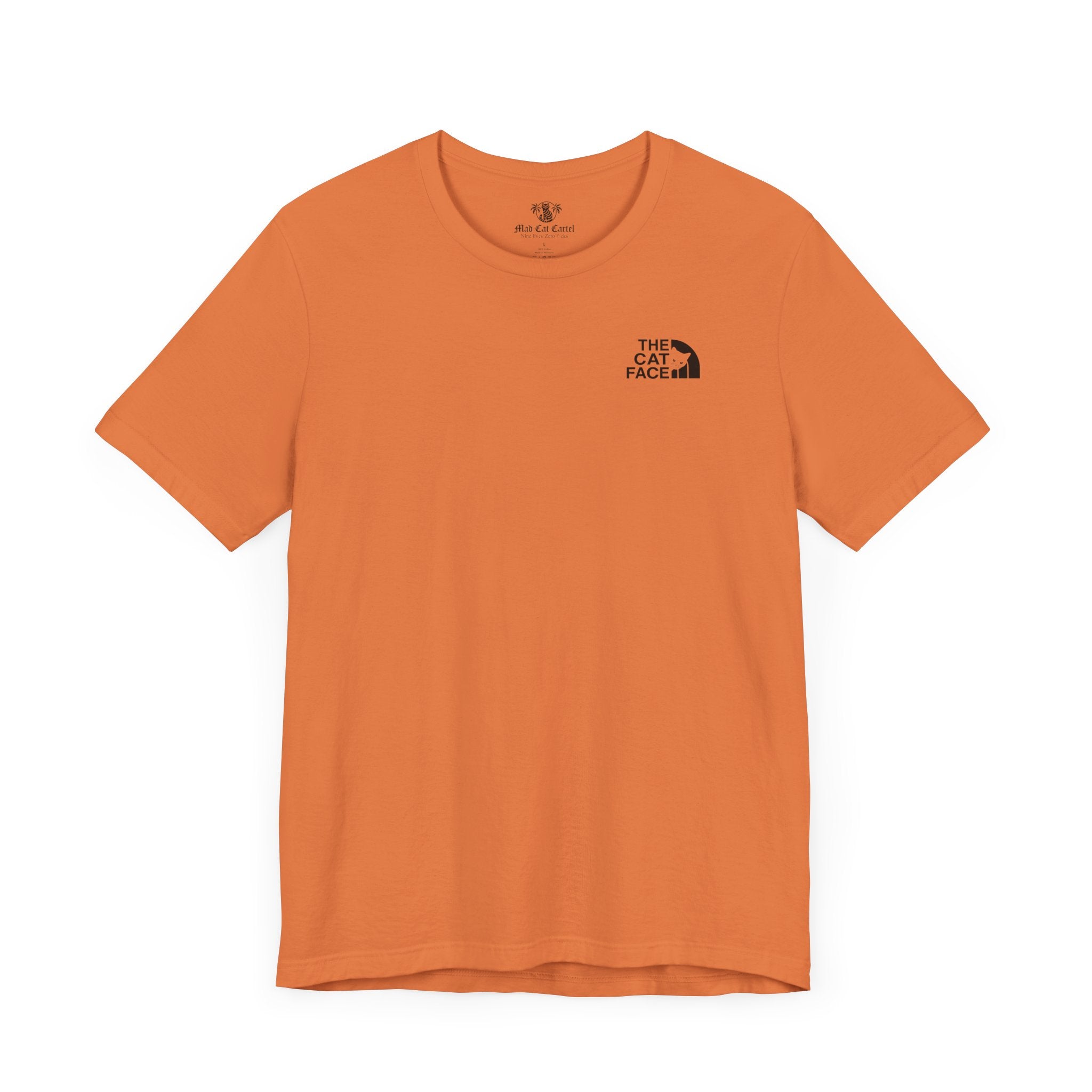 Cat on a shirt burnt orange flat lay plain