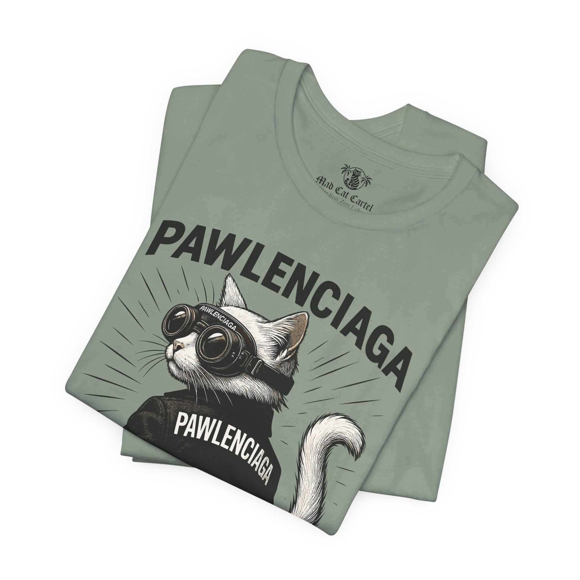 folded sage green Pawlenciaga cat tee, folded, tee shirts with cats on them
