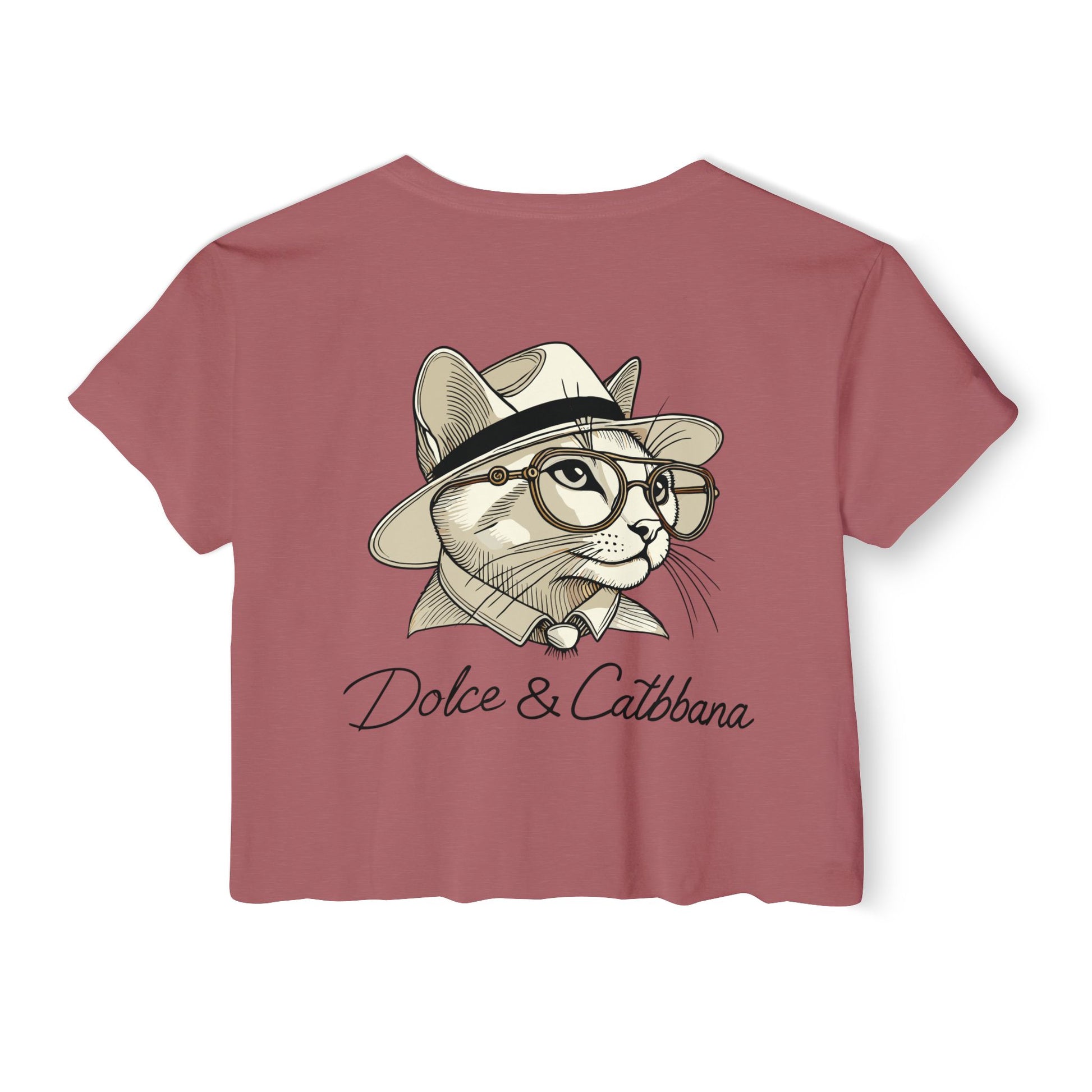 Red women’s crop top with fedora cat back design cat themed clothes