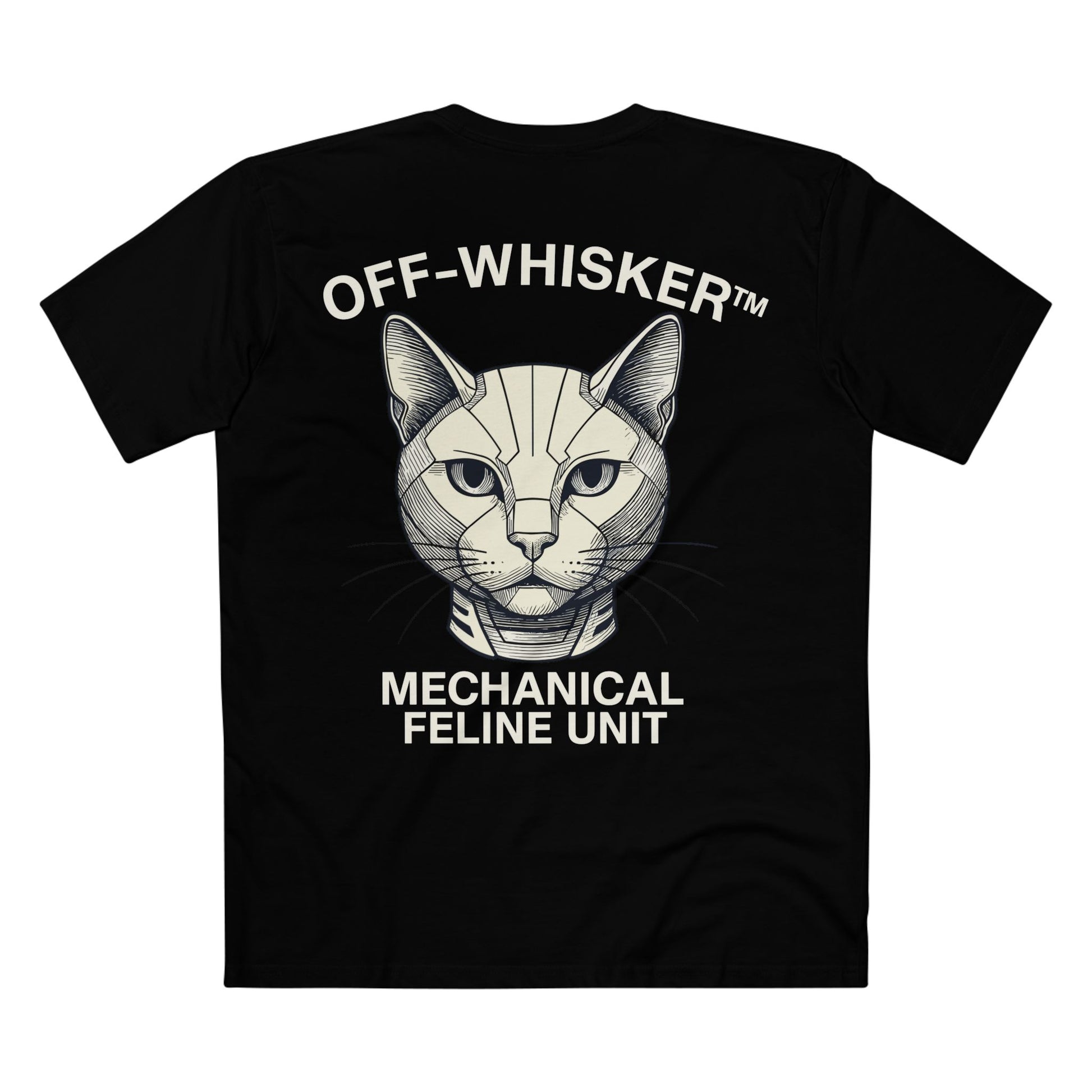 Back view of black Off-Whisker Mecha Cat Unit t-shirt – mechanical feline unit design, men's cat shirt