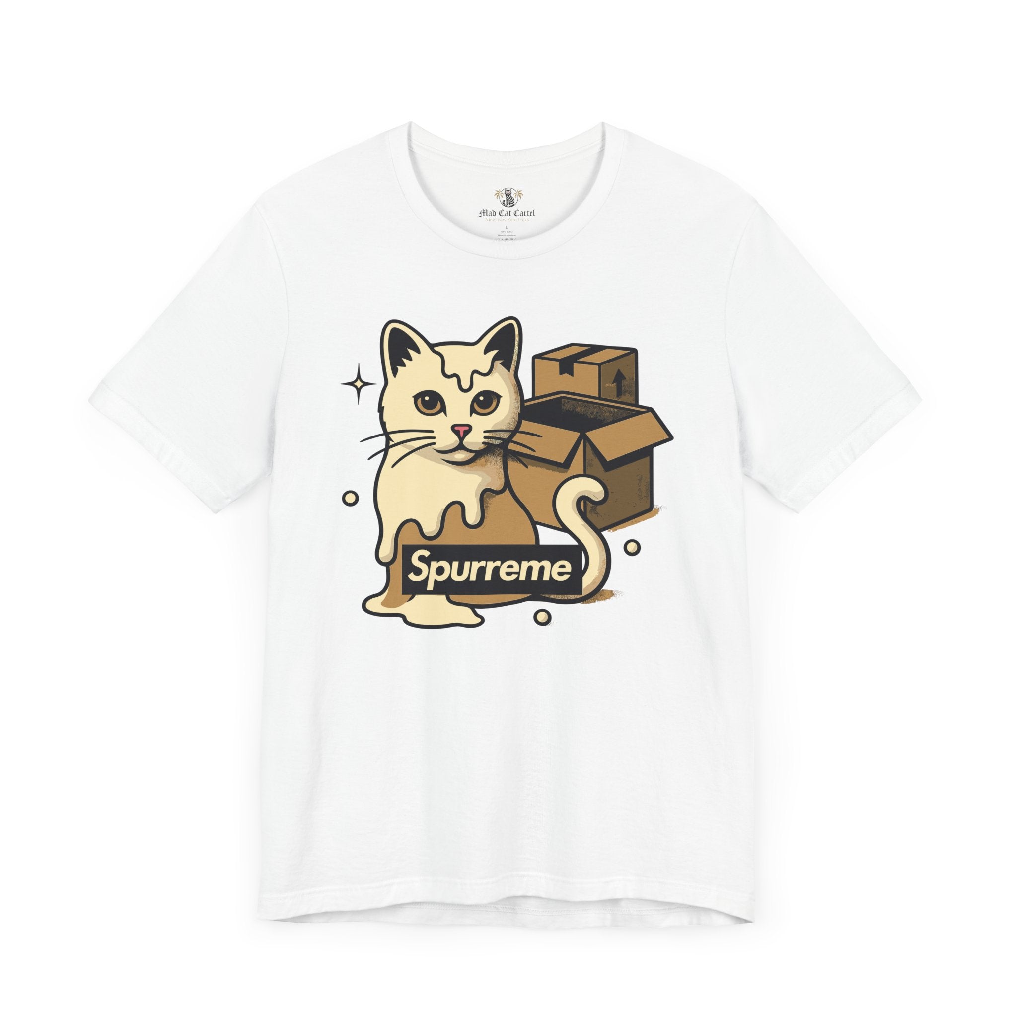 White t shirt front Spurreme Box Addict Cat Graphic