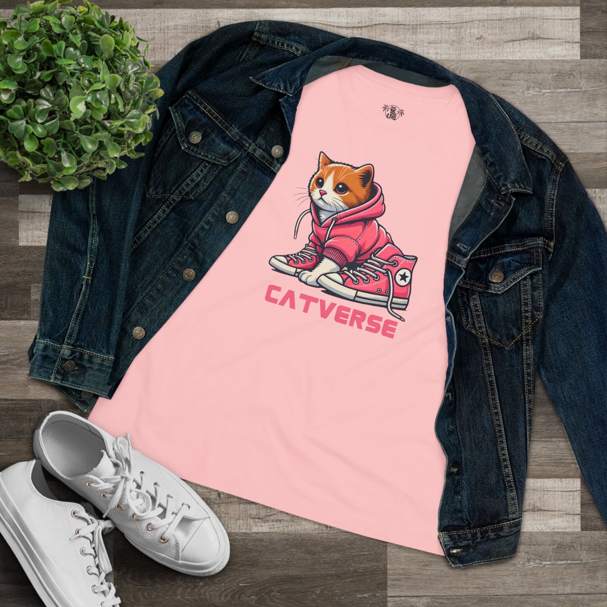 Pink Catverse Hoodie Kicks graphic tee folded with denim jacket, funny adult shirts, cat t shirt