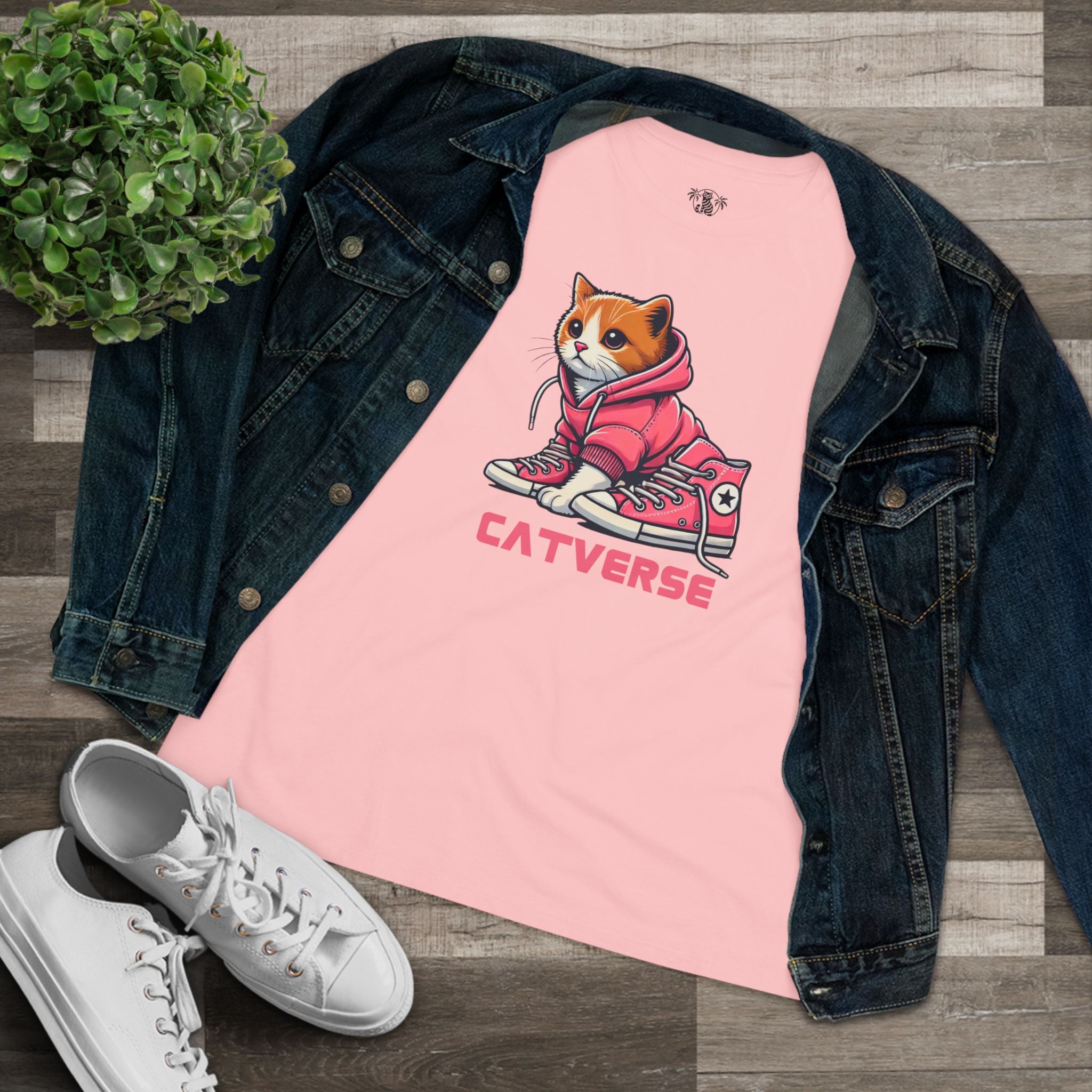 Pink Catverse Hoodie Kicks graphic tee folded with denim jacket, funny adult shirts, cat t shirt
