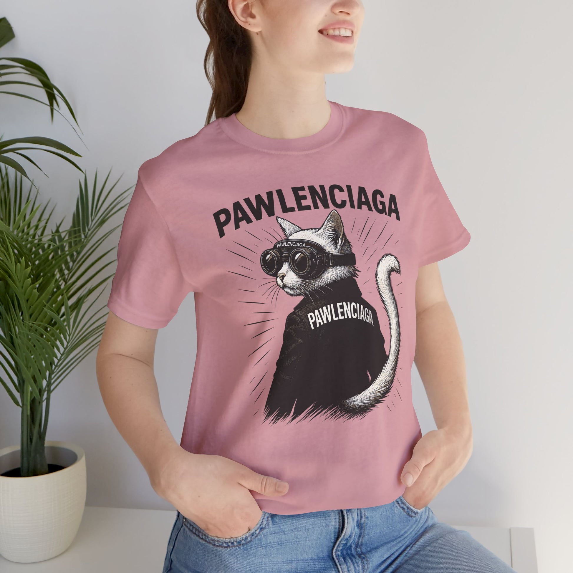 Pawlenciaga Cat With Goggles front pose female model, cat Graphic T Shirt, pink, womens tee