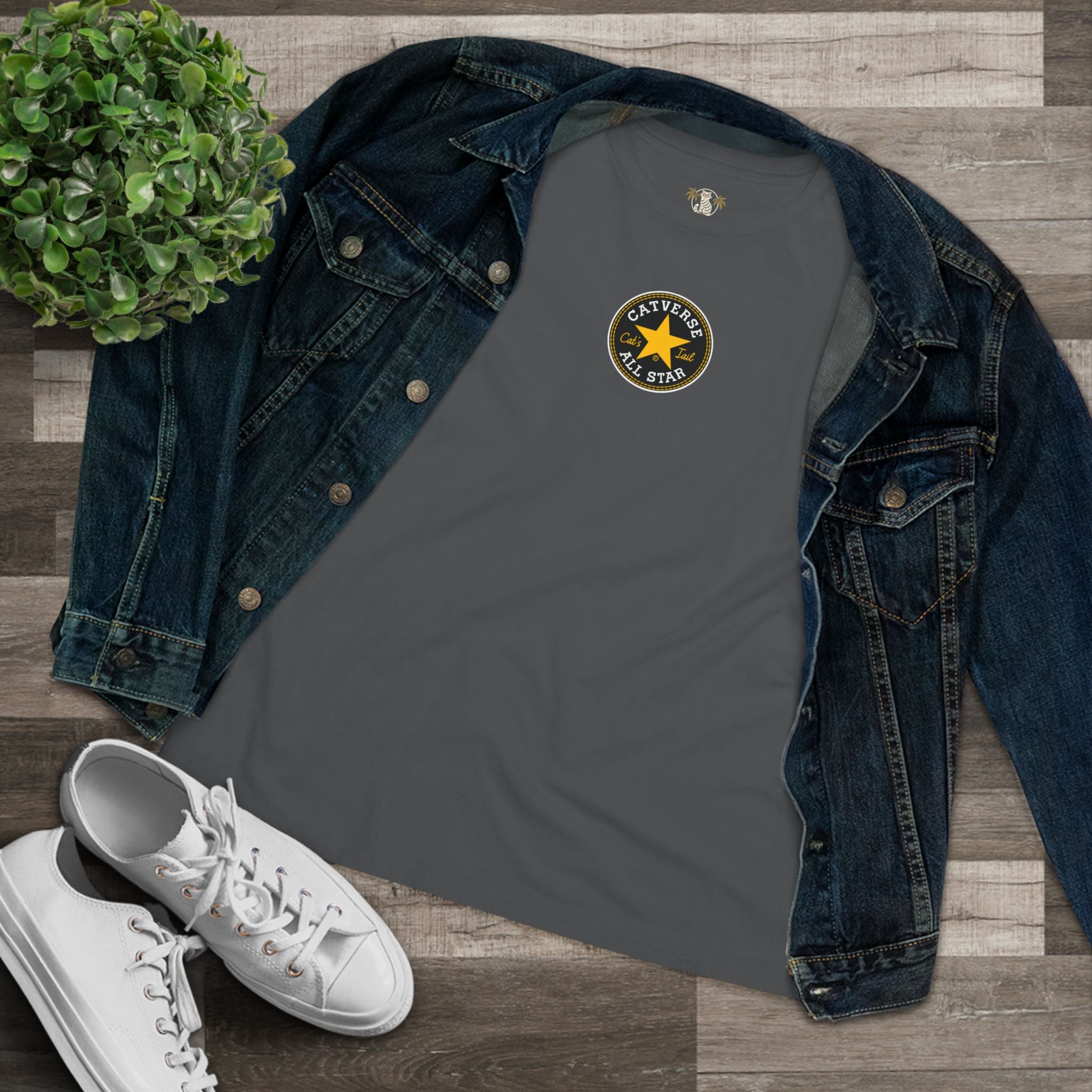 Unique gifts for cat lovers, asphalt gray folded women’s t shirt flatlay with jacket