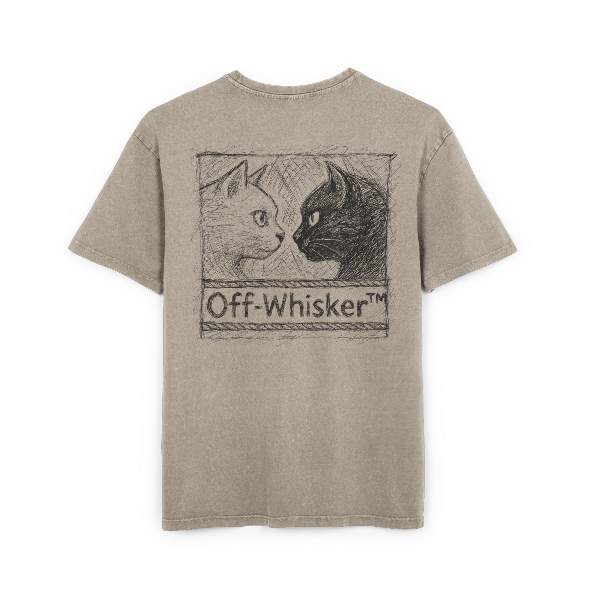 Off-Whisker Cat Knockout Acid Washed Oversized T-Shirt Dark Khaki, back view with boxing cats illustration