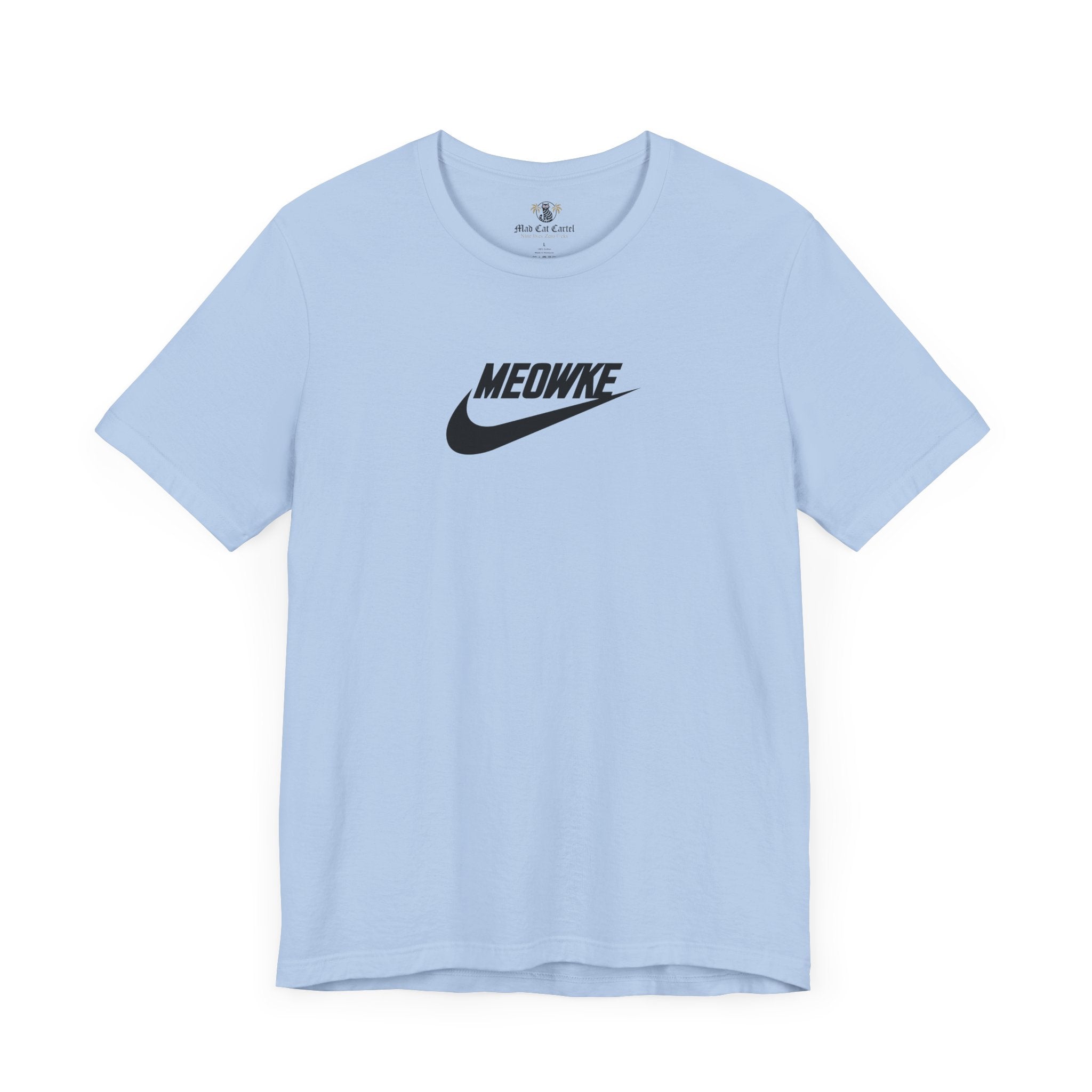 Funny t shirts for men – baby blue unisex tee, front view, black Meowke chest logo