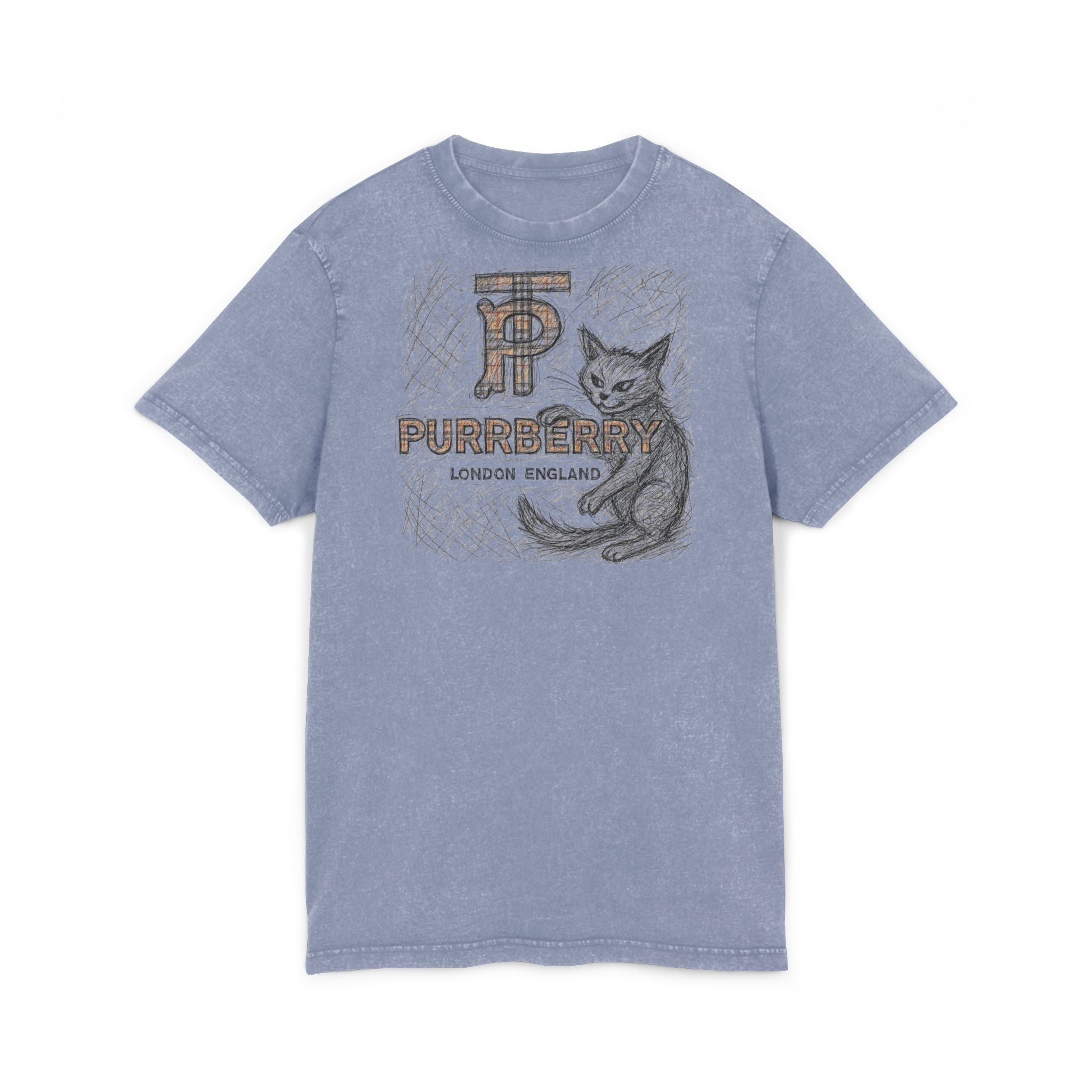 Purrberry Heritage Sketch Logo Vintage Blue Acid Washed Cat Graphic T Shirt, cat clothes for humans