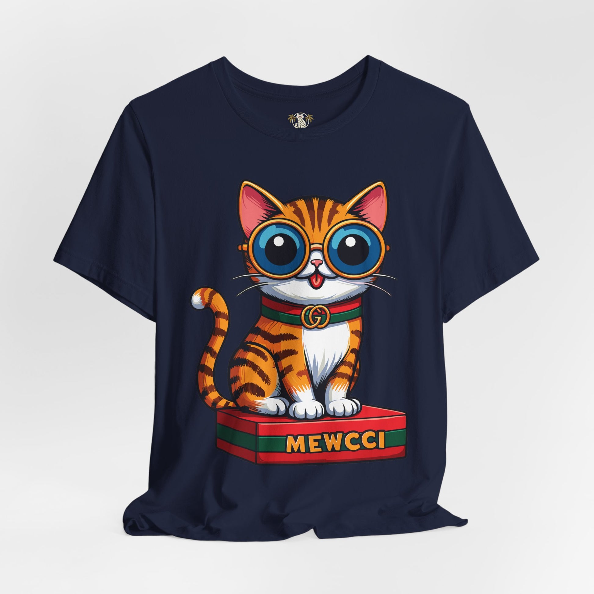 Hanging Mewcci Iconic Box Cat Graphic T-Shirt for cat lovers in Navy blue