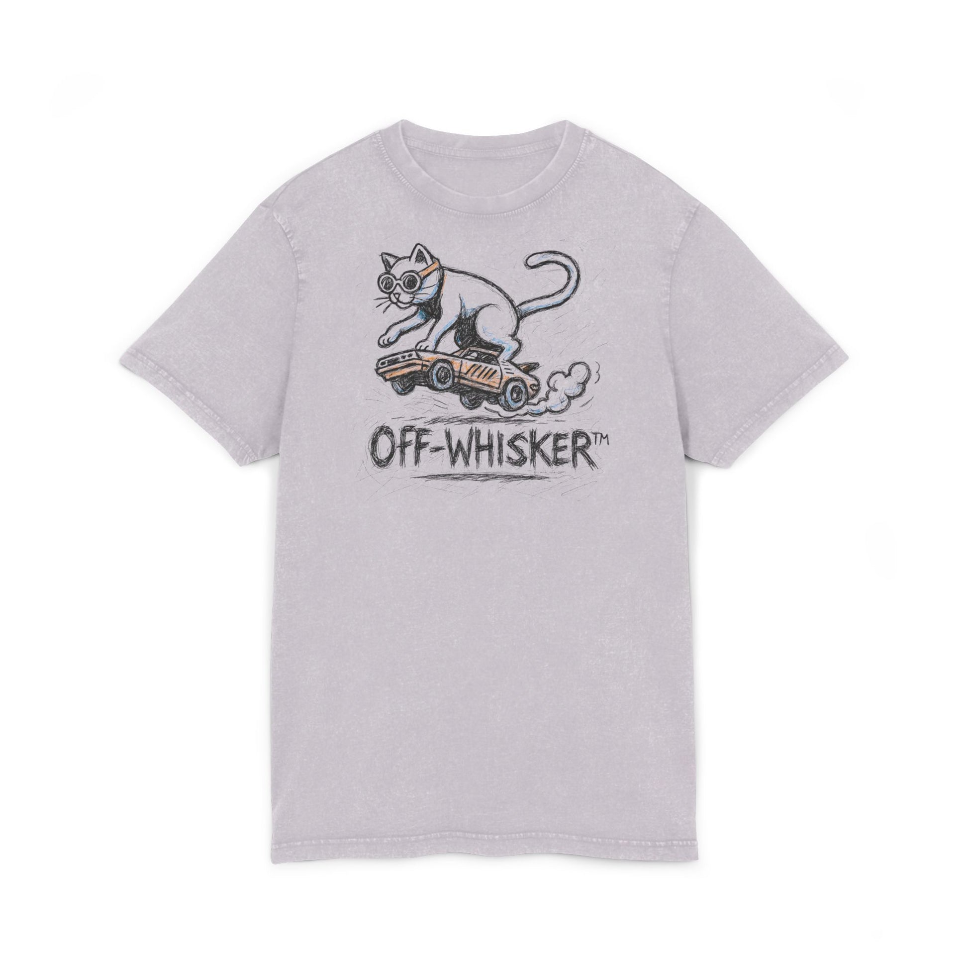 Off-Whisker Drift Cat Sketch Acid Washed T Shirt Soft Lilac Purple, cat shirts front view