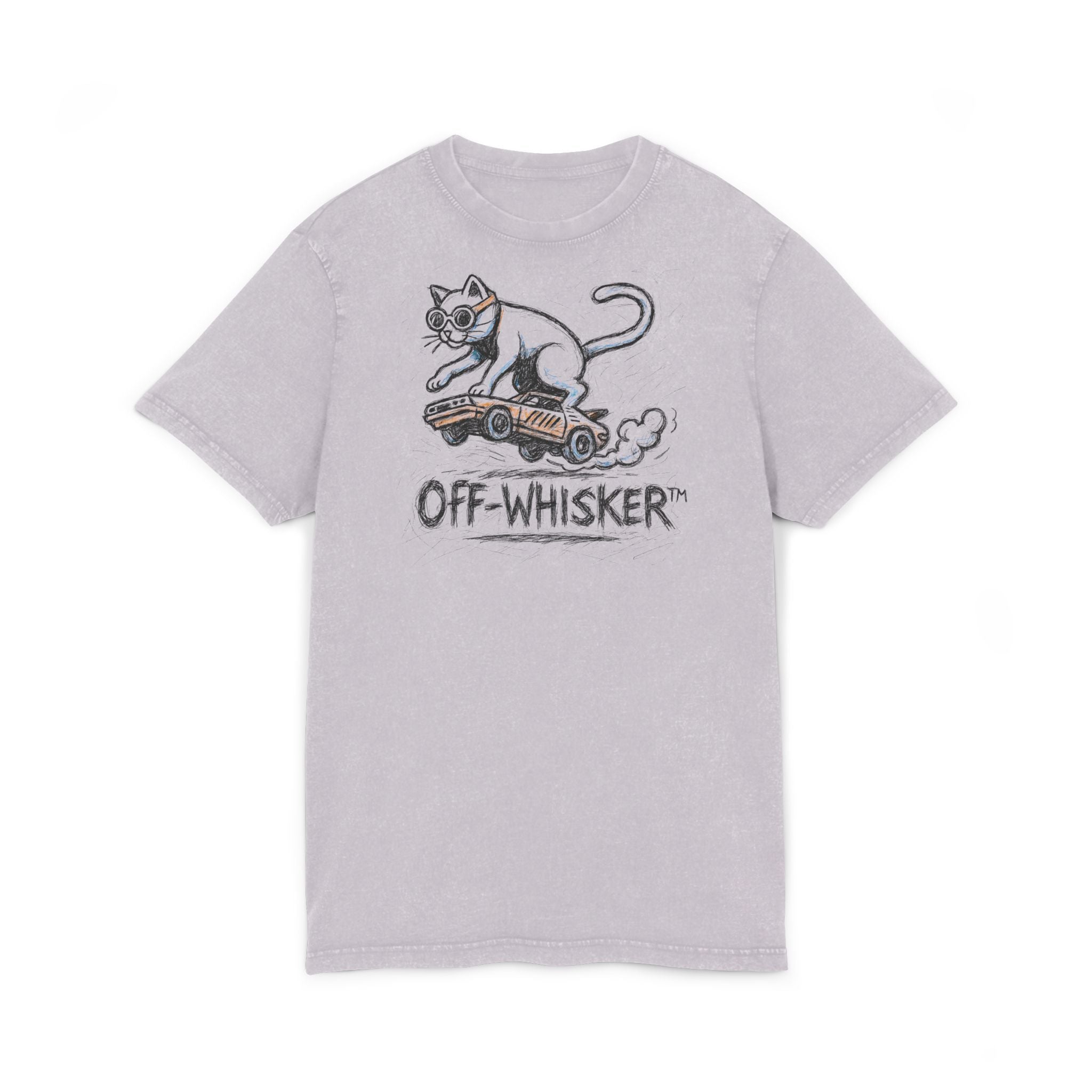 Off-Whisker Drift Cat Sketch Acid Washed T Shirt Soft Lilac Purple, cat shirts front view