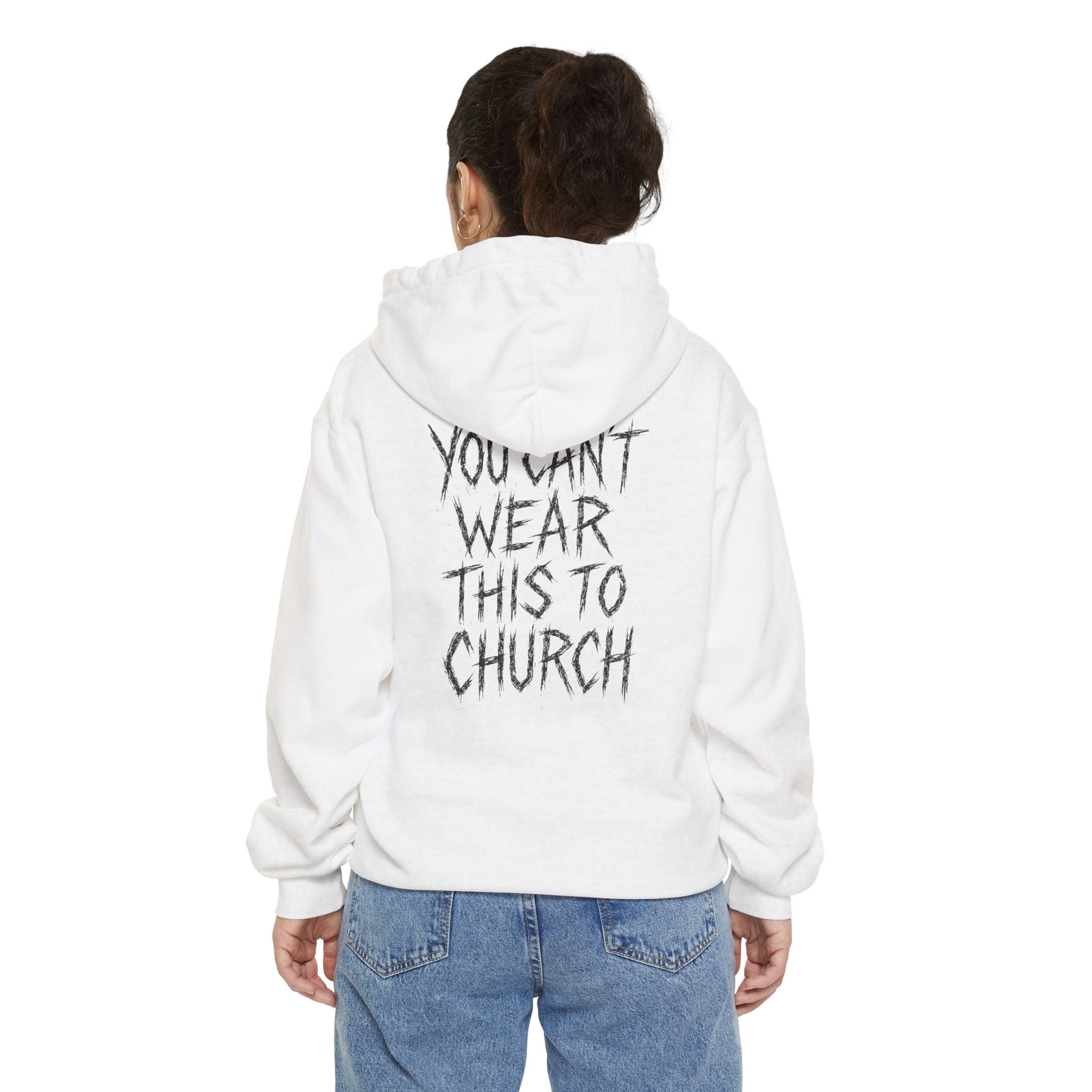 Back view woman wearing Purrada Cat Graphic White Hoodie, slogan detail