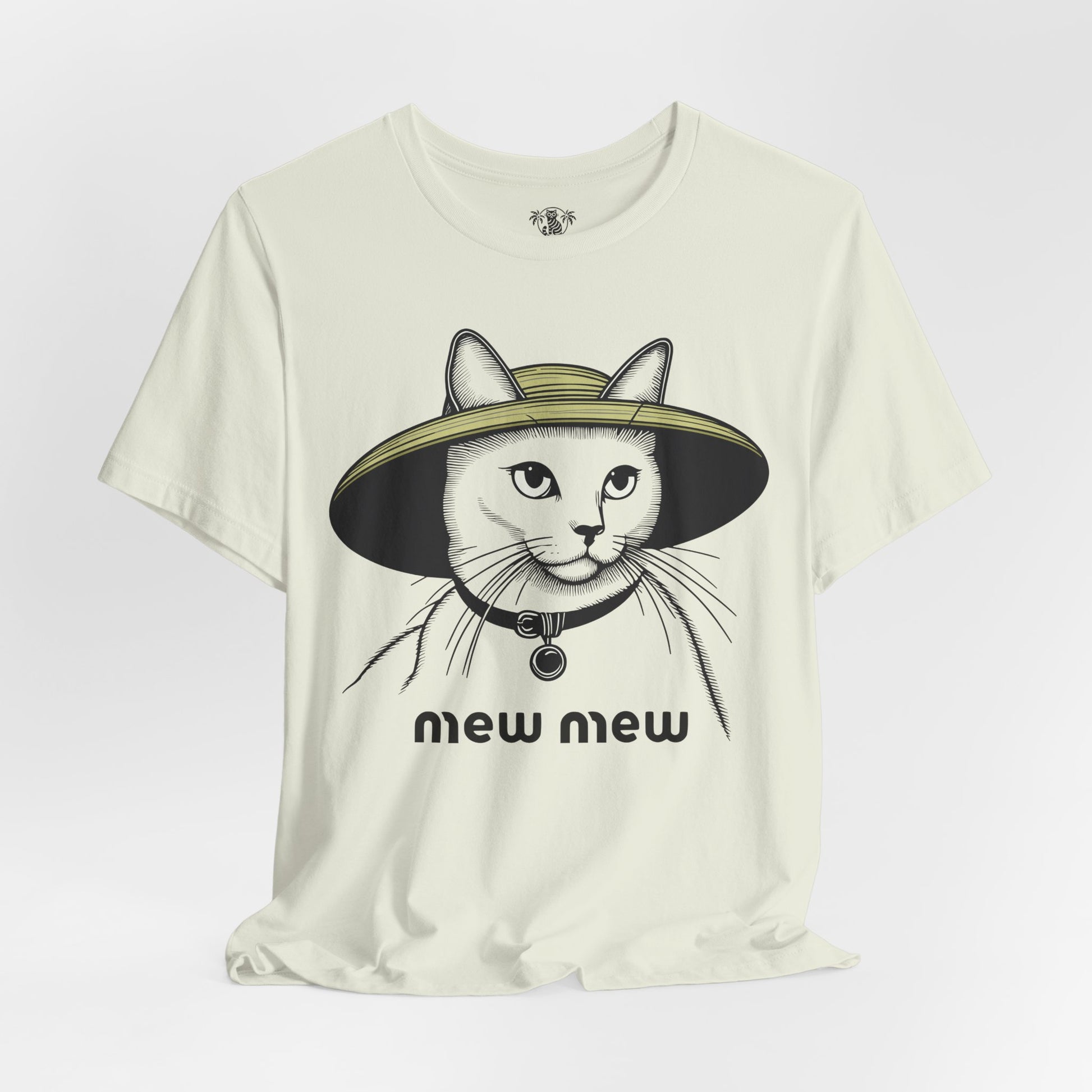 Cat graphic t shirt – citron unisex tee flat lay, Mew Mew cat in hat design