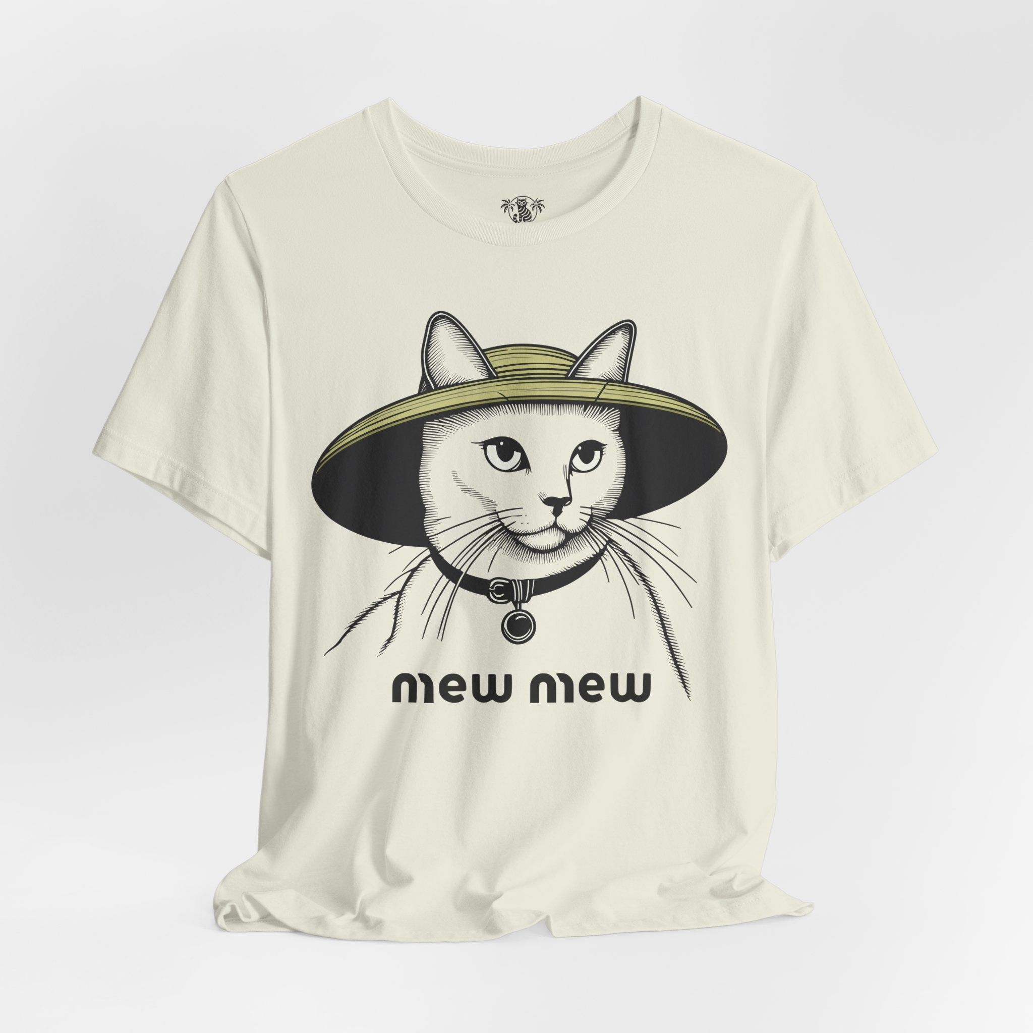 Cat graphic t shirt – citron unisex tee flat lay, Mew Mew cat in hat design