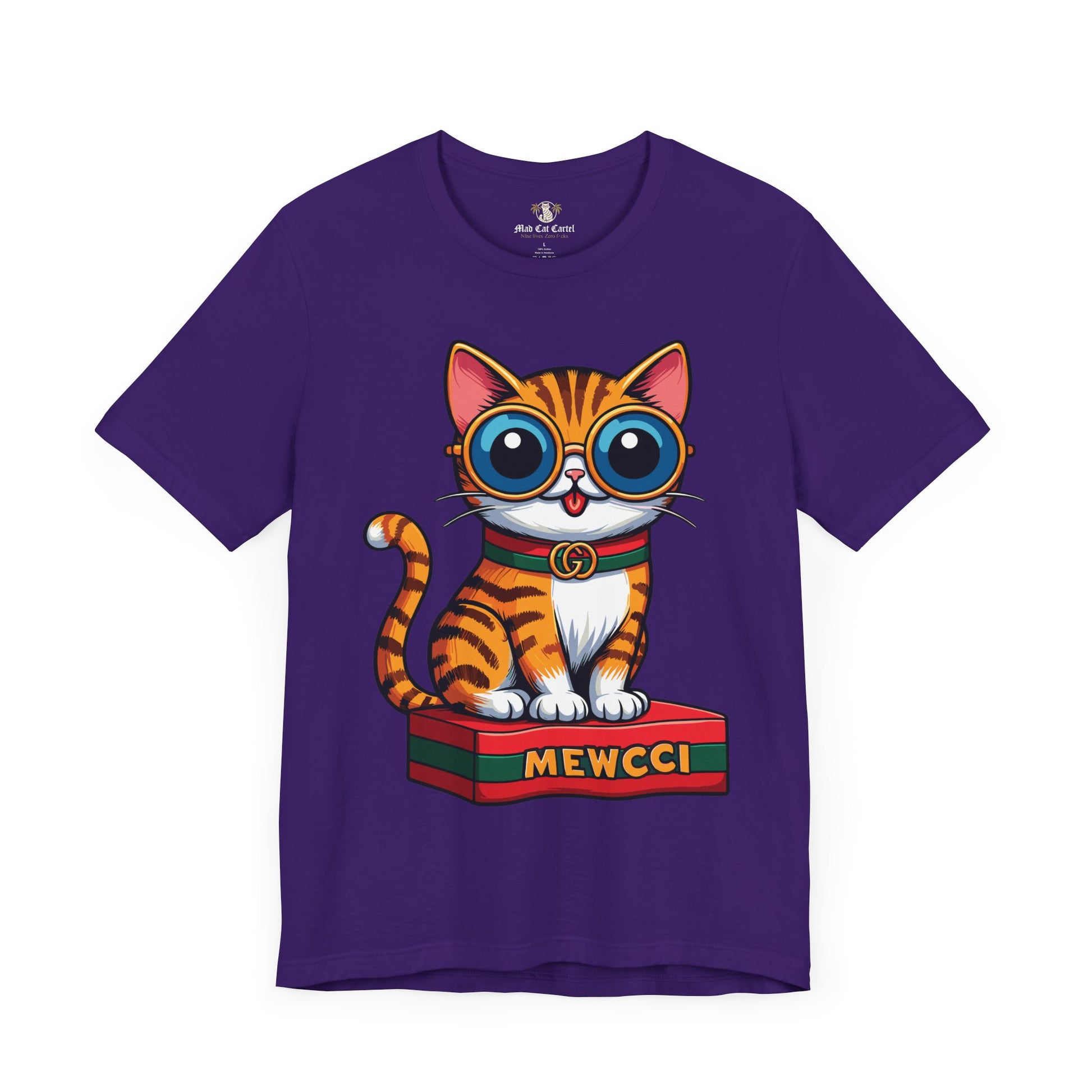 Front view Mewcci Iconic Box Cat Graphic T-Shirt in Team Purple

