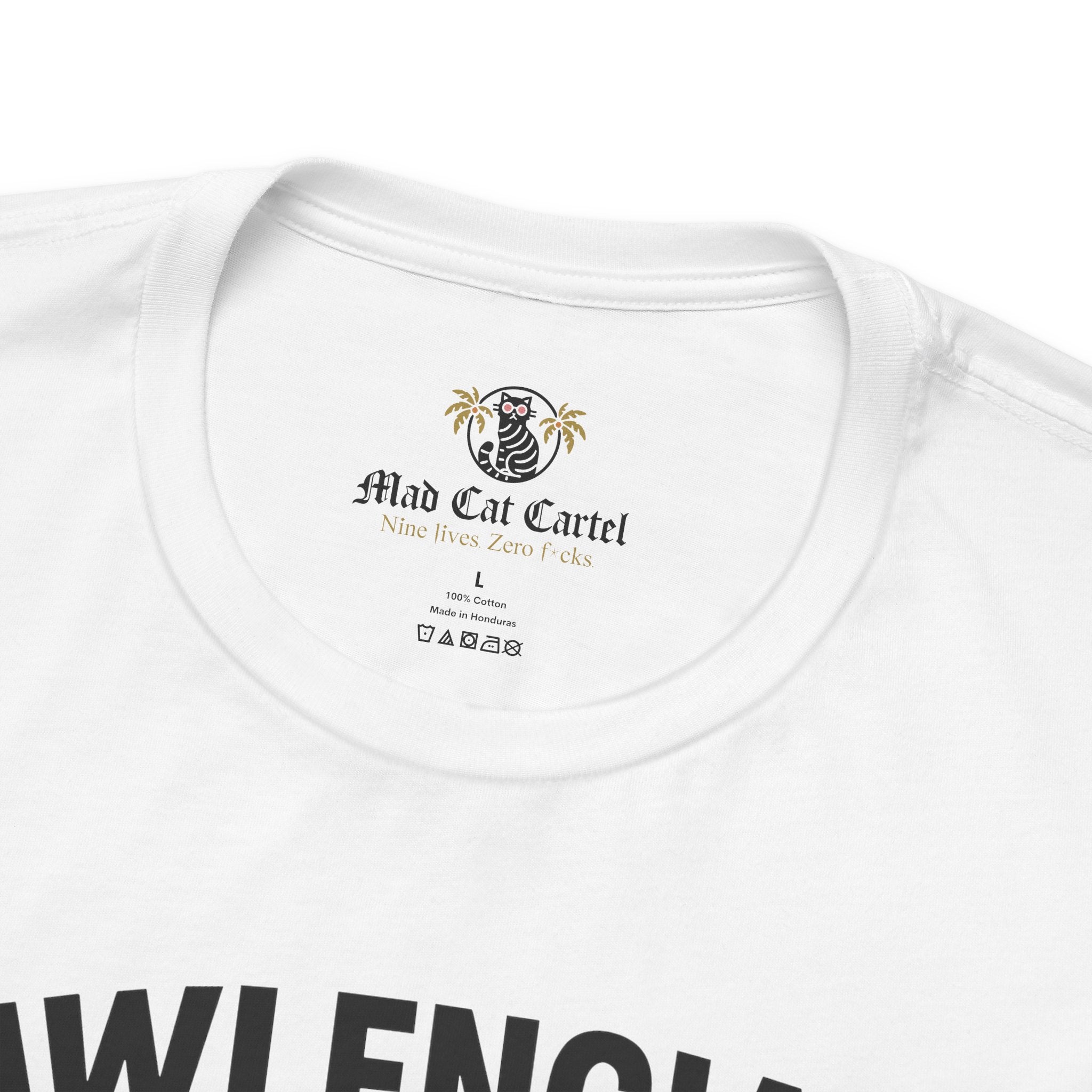 white Pawlenciaga cat tee, neck label close up, cat lover shirts, fabric detail