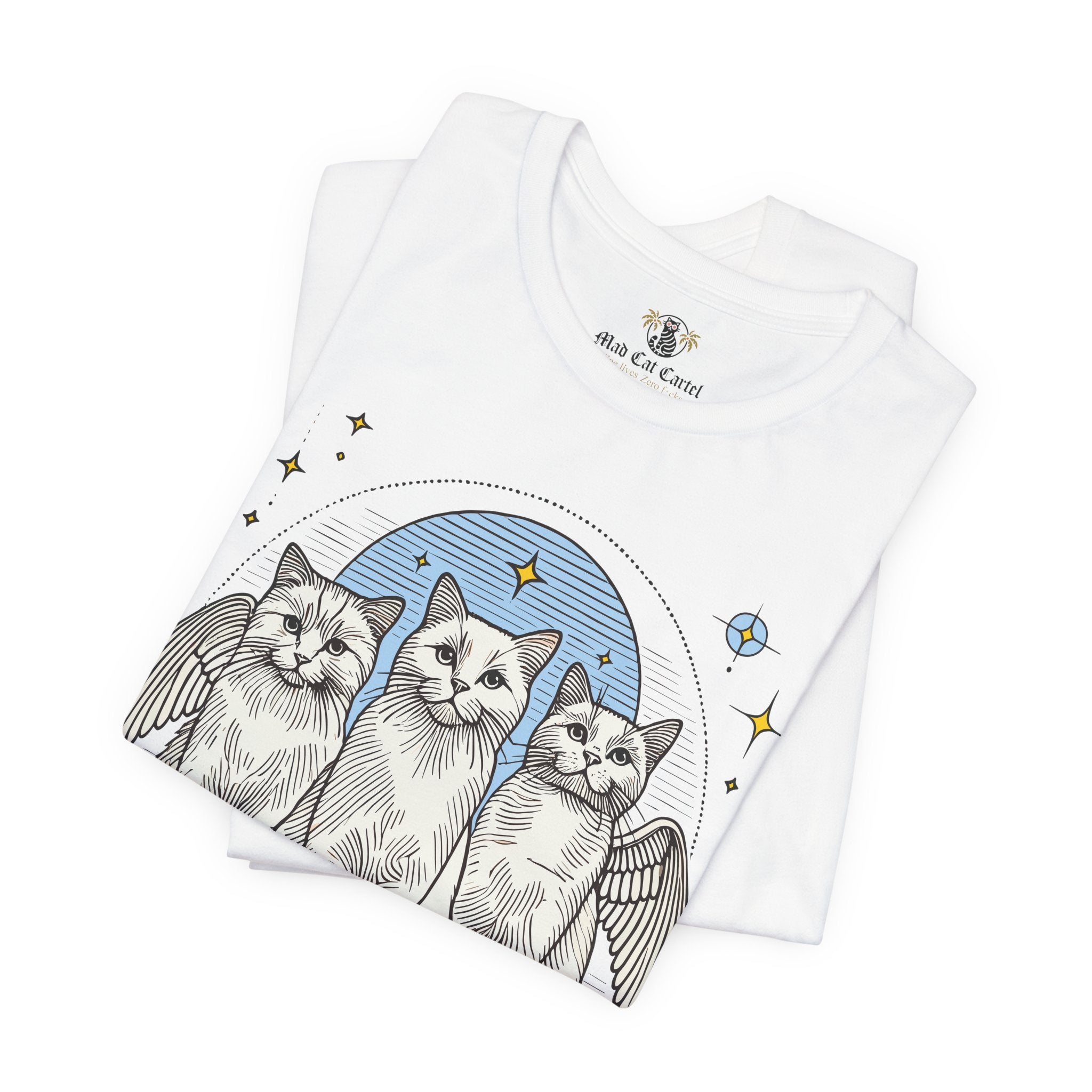 Folded White Paw Angels Holy Trinity t shirts – gift-ready tee shirts with cats