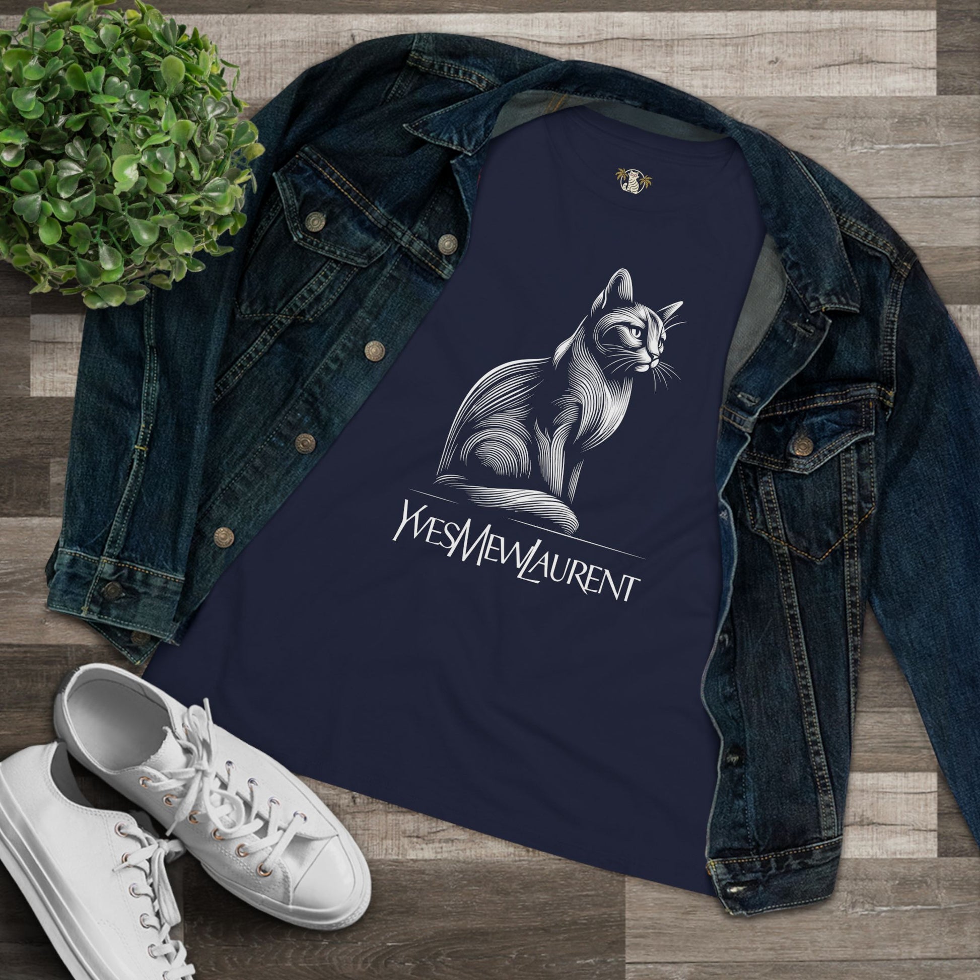 Yves Mew Laurent navy blue folded women's cat graphic t shirt, casual apparel for cat lovers