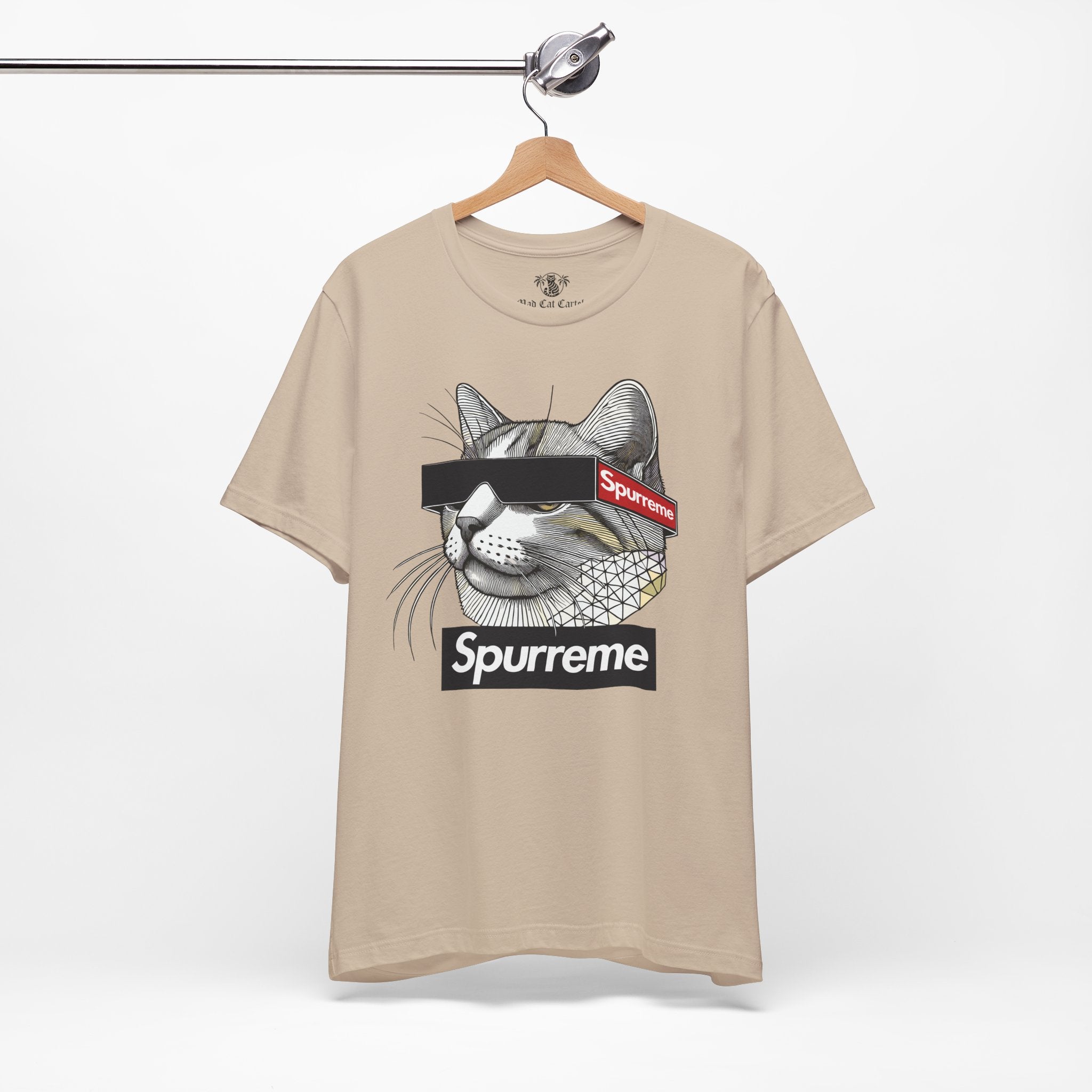 Spurreme Triangular Vision Cat Graphic T Shirt in Tan on hanger, mens cat shirt