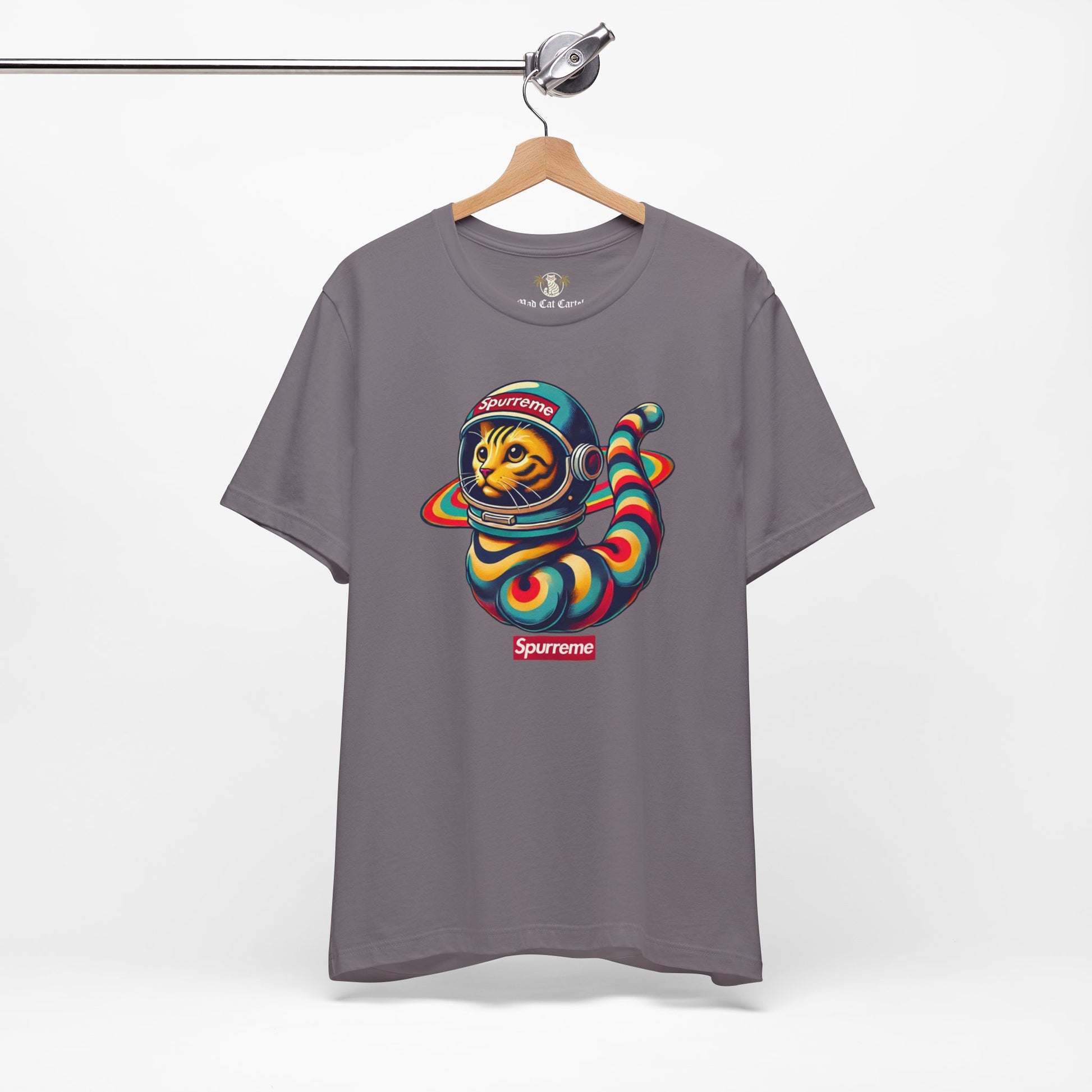 Storm gray t shirt hanging display, mens cat shirts