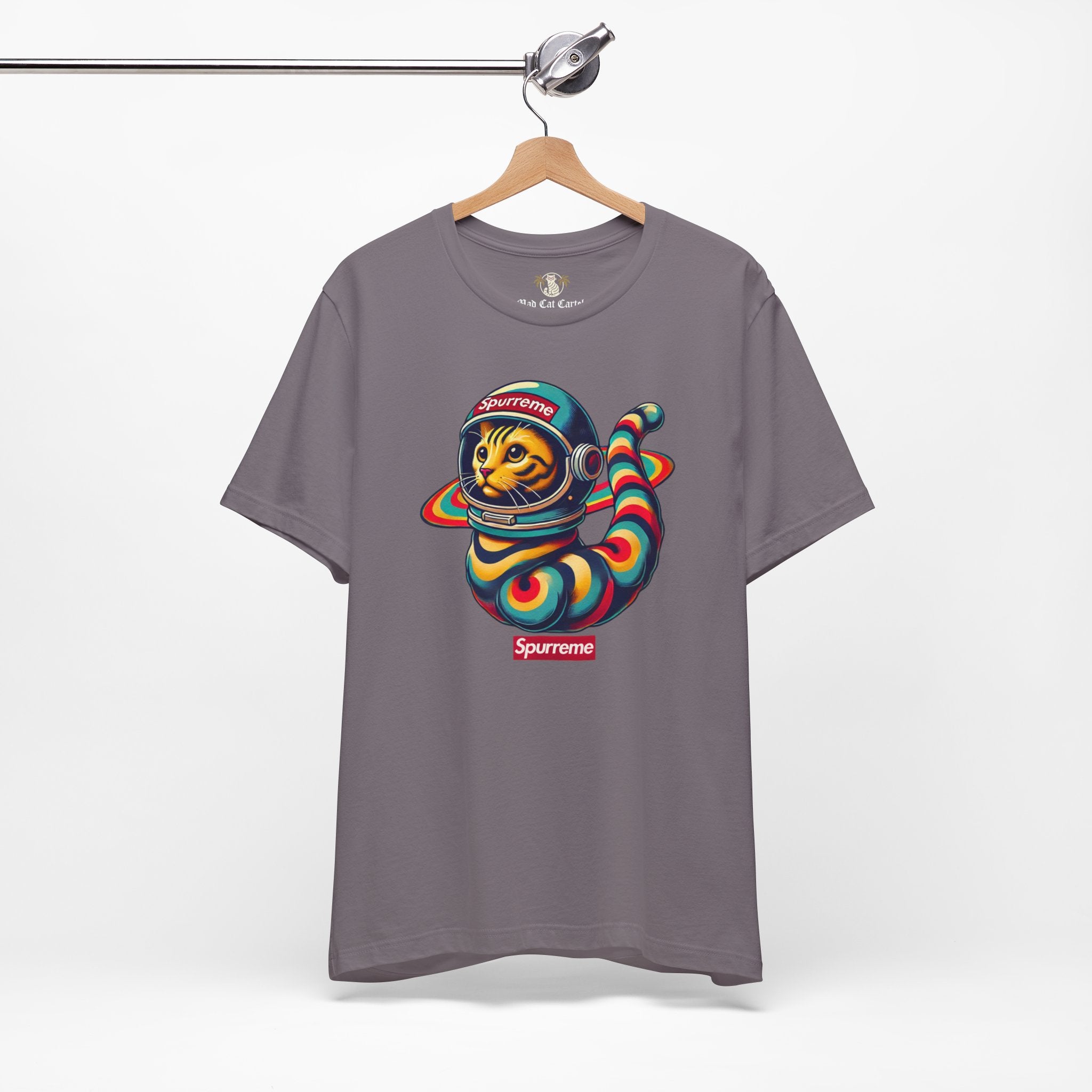 Storm gray t shirt hanging display, mens cat shirts