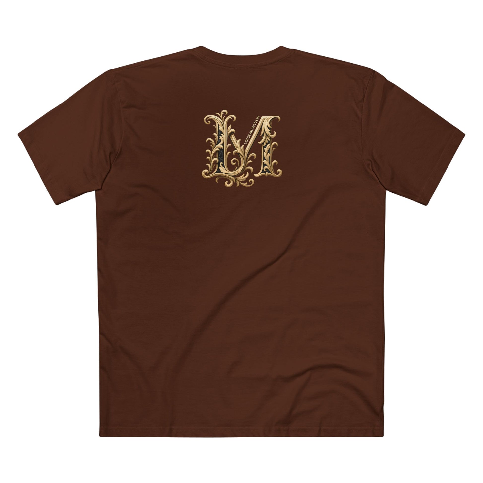 Dark chocolate brown cat themed shirts flat back with gold logo