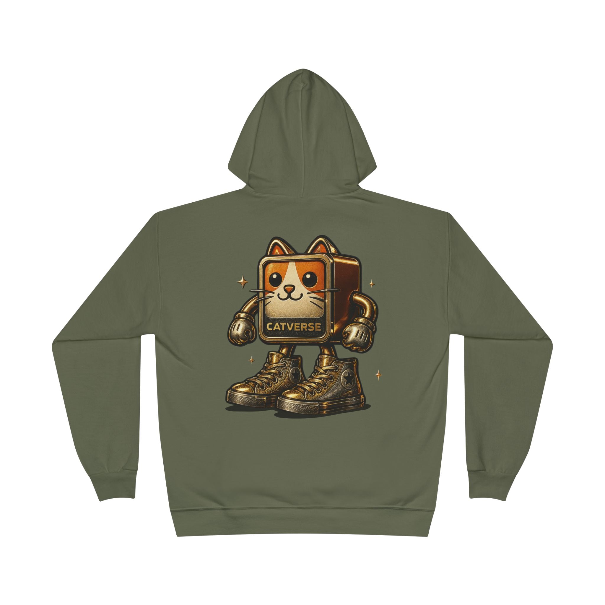 Back view of Catverse fatigue green hoodie with goldbot cat artwork, cat themed clothes