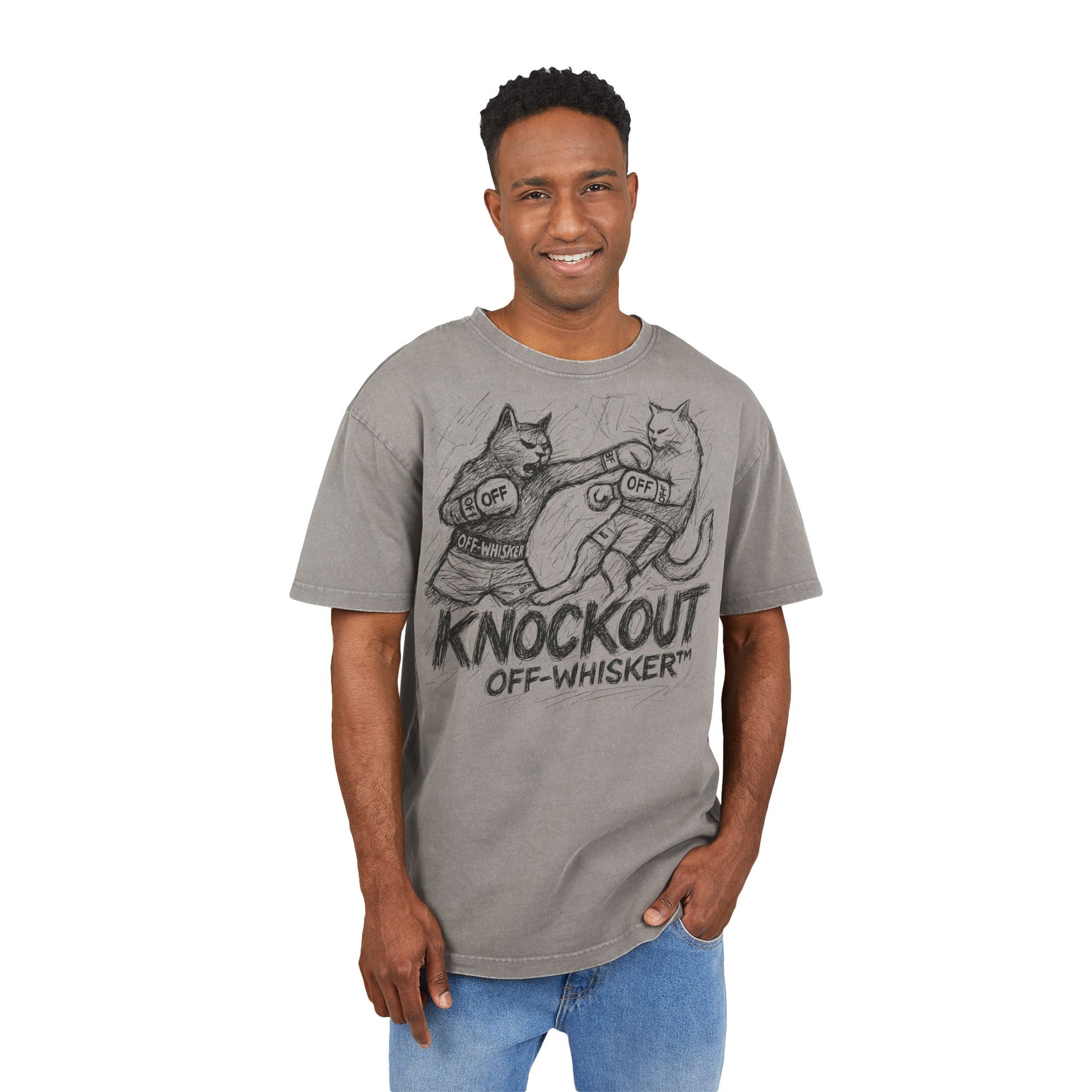 Male model wearing Off-Whisker Cat Knockout Acid Washed Oversized T-Shirt Gray, oversized cat graphic t shirt