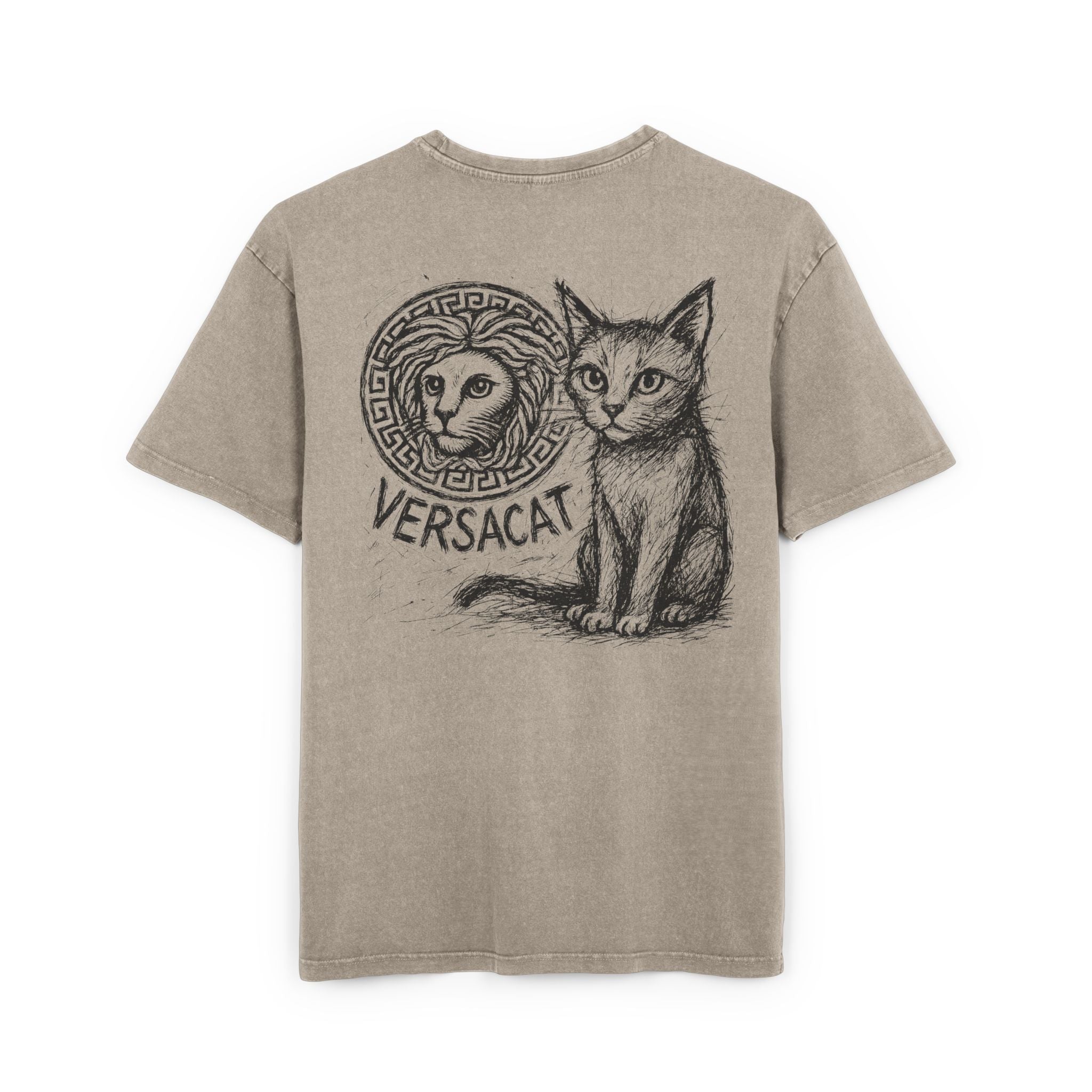 Dark khaki cat shirt back view graphic with logo and cat sketch