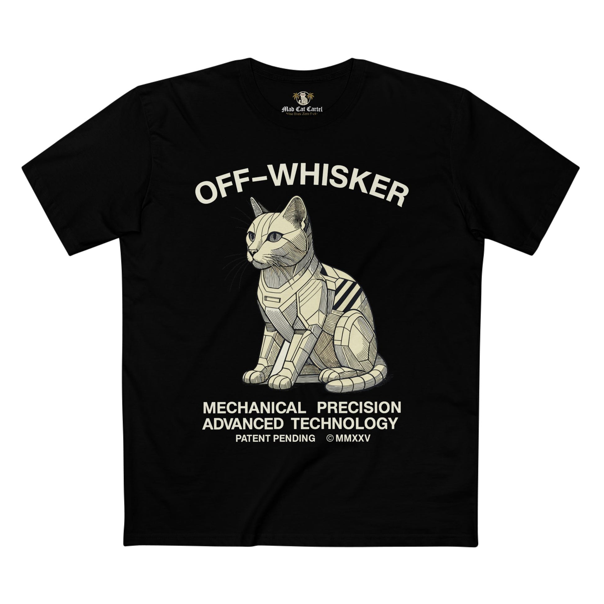 Back view of black Off-Whisker Gen-01 Mech Cat t-shirt – cat lovers gift, mech cat graphic