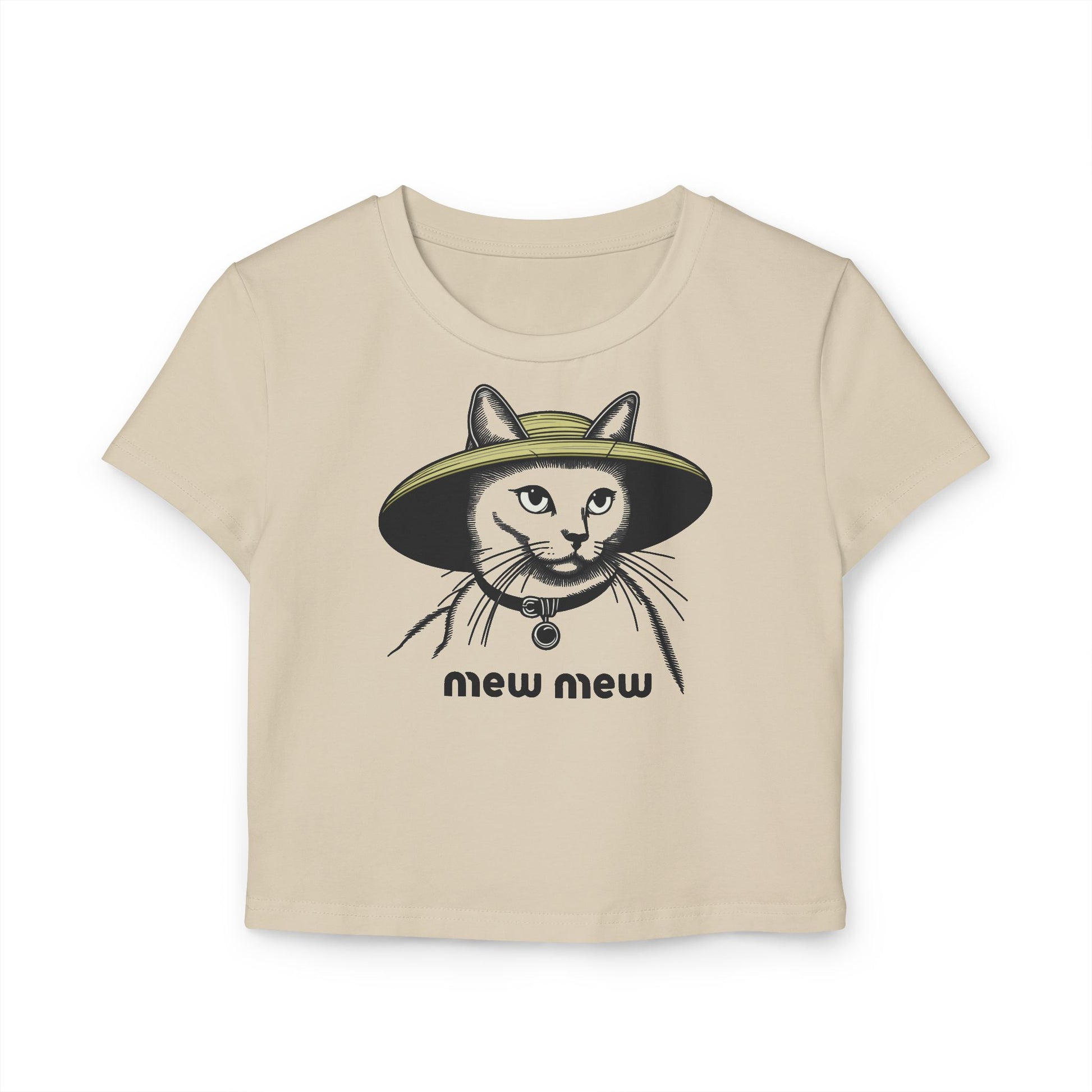 Mew Mew Iconic Hat Cat baby tee for women in sand, minimalist cat graphic crop top, gift ideas for cat owners