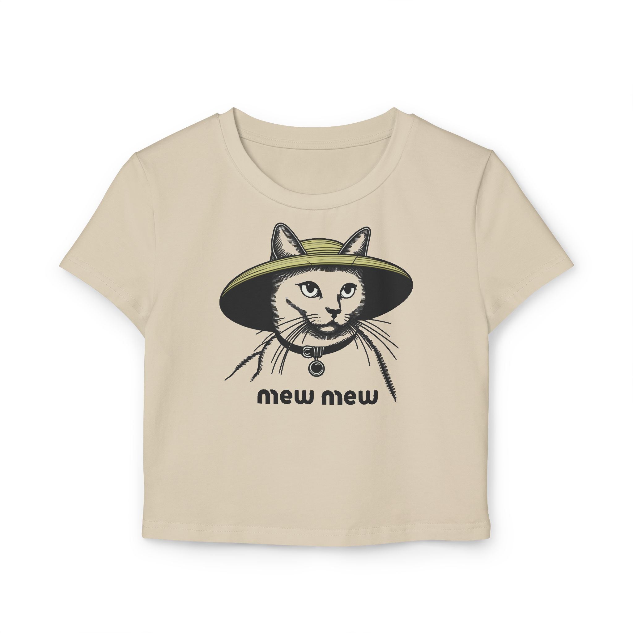 Mew Mew Iconic Hat Cat Graphic Women's Baby Tee, beige baby tee front view