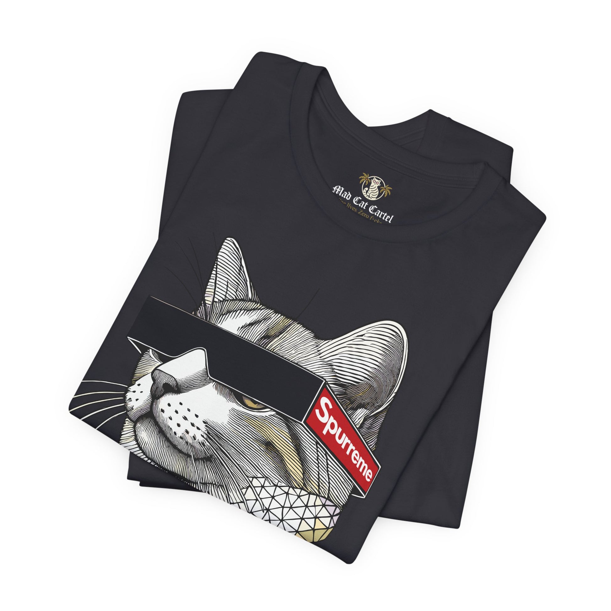Spurreme Triangular Vision Cat Graphic T Shirt in Dark Grey folded pair, cat graphic tee
