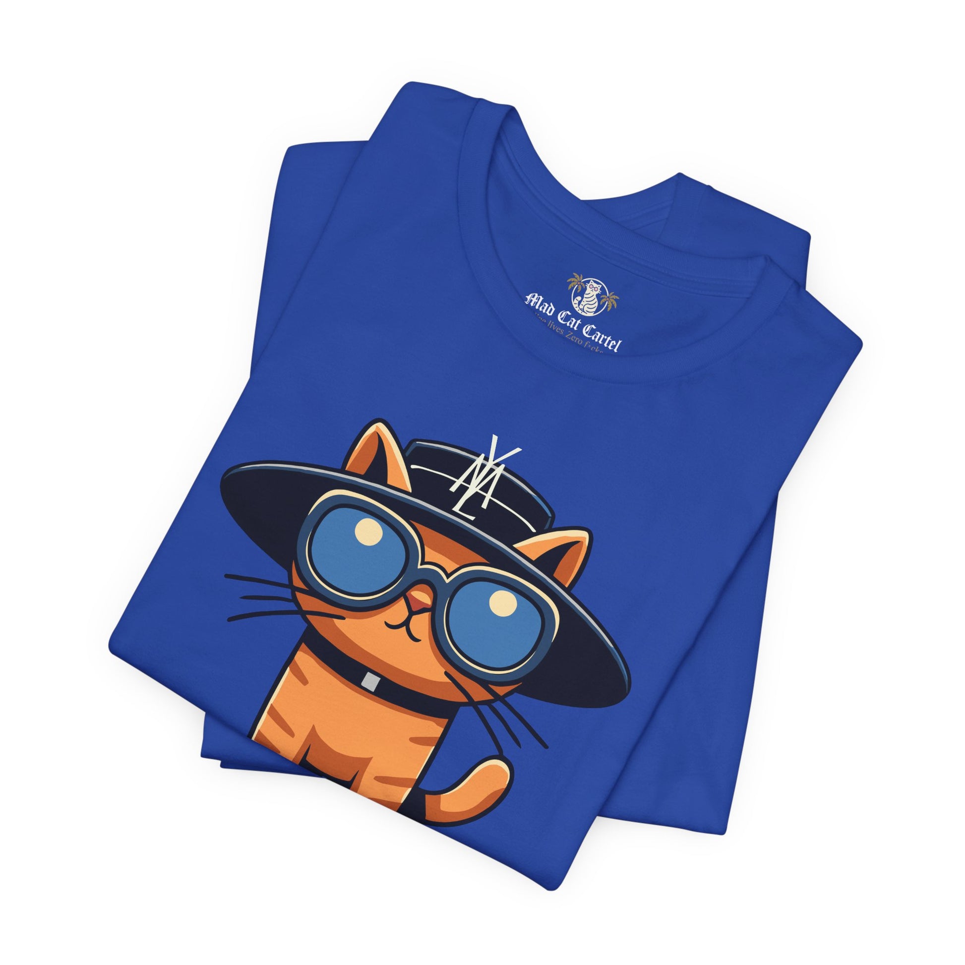 Blue Royal cat graphic tee folded product pair