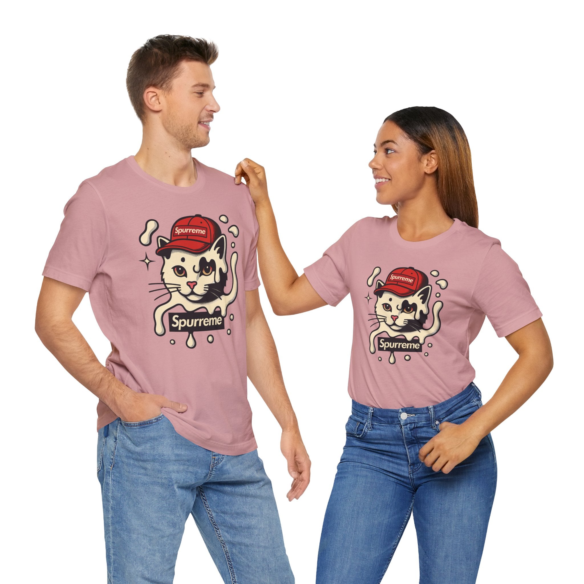 Pink cat themed shirt on male and female models – funny t-shirts for women