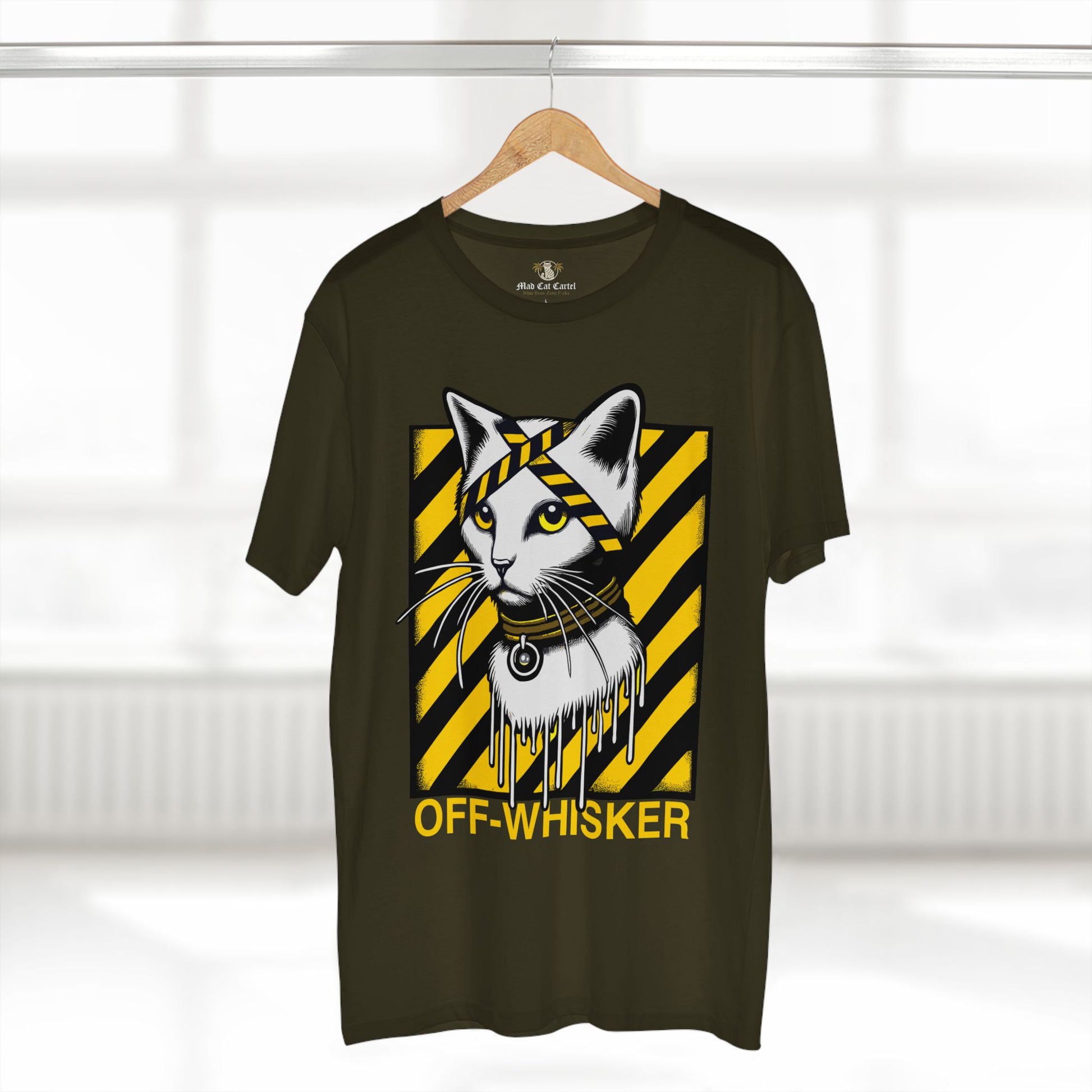 Army green Off-Whisker Industrial Drip cat lovers gift t shirt on hanger – graphic cat print tee shirt
