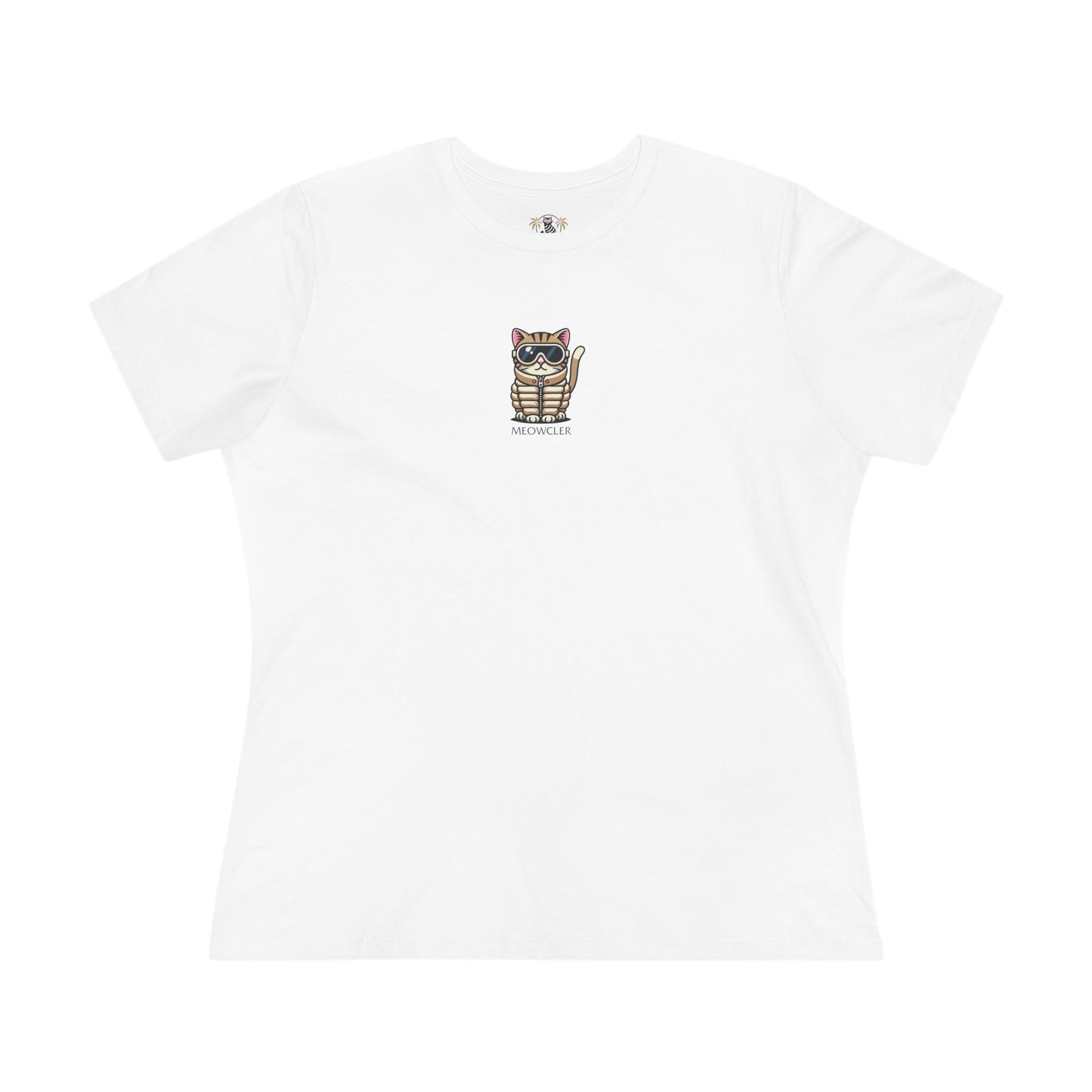 Front view Meowcler Mini Chest Puffer Cat Icon Women's T Shirt in white, cat tee shirts for women