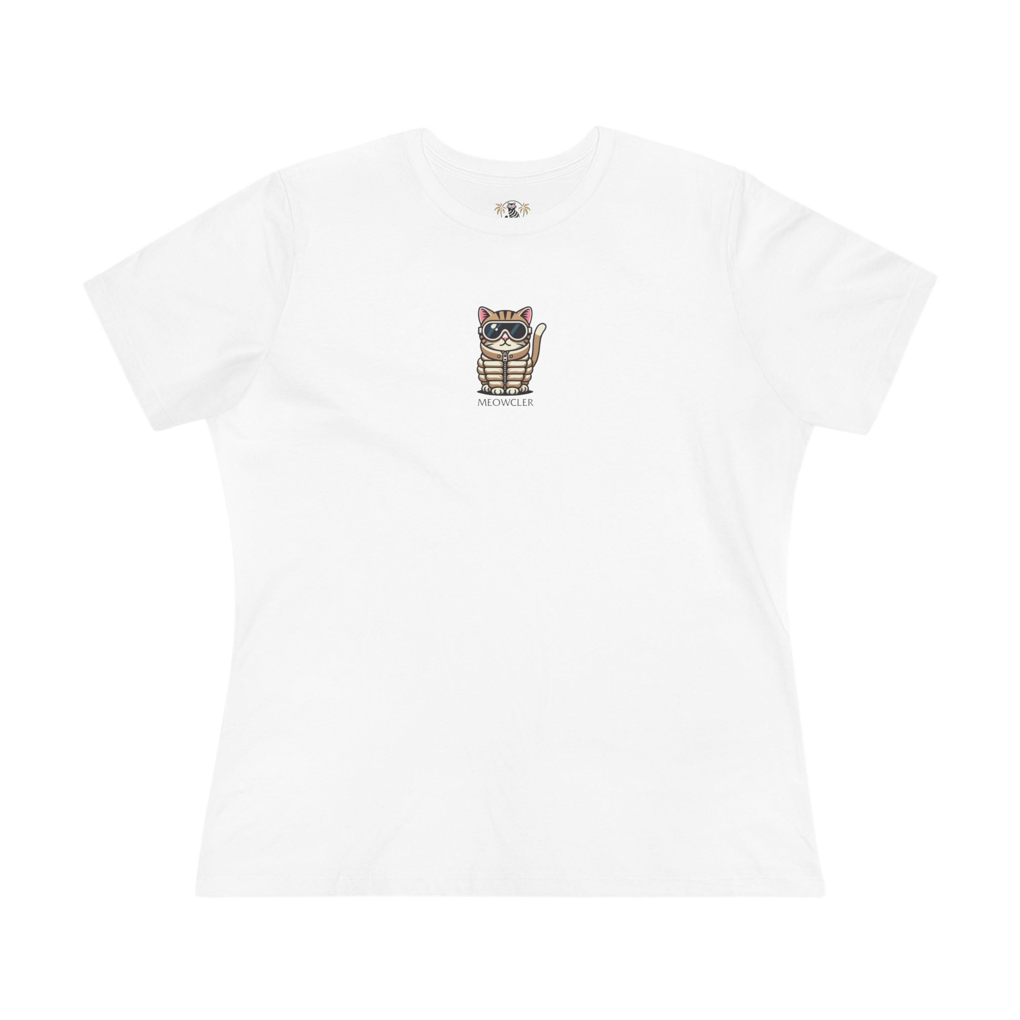Front view Meowcler Mini Chest Puffer Cat Icon Women's T Shirt in white, cat tee shirts for women