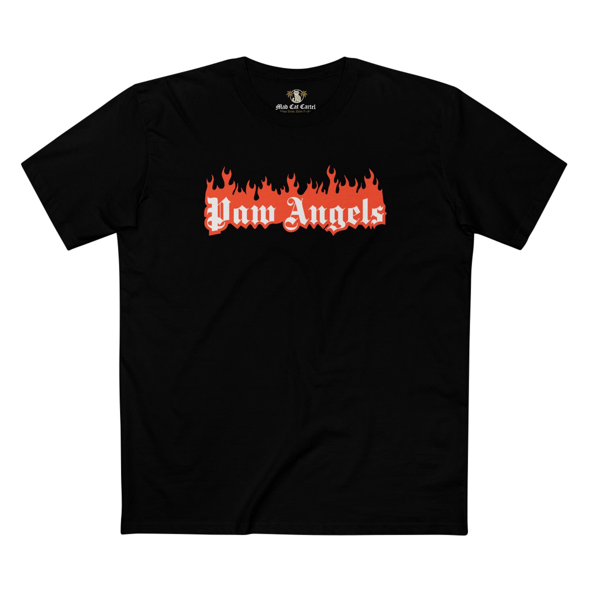 Front view of Paw Angels Paradise Inferno cat graphic black unisex t shirt – cat on a shirt