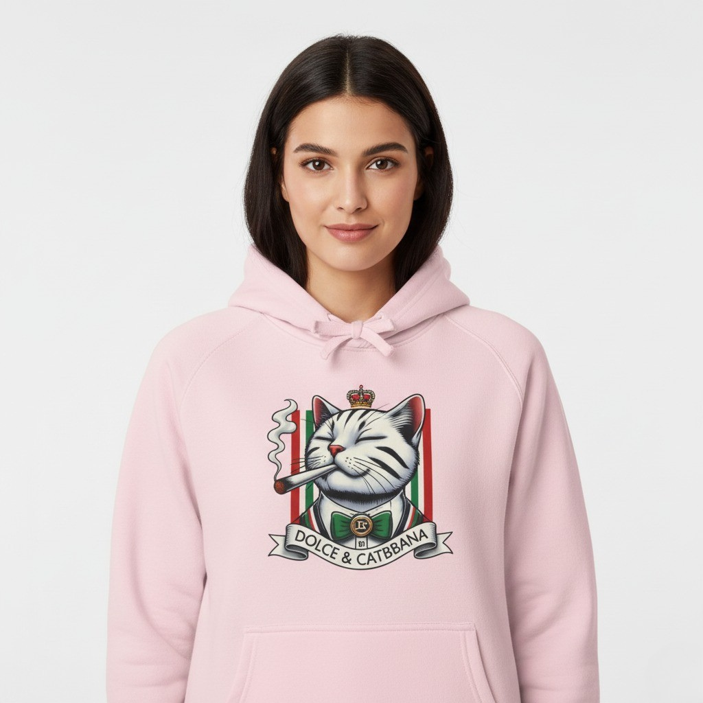 Female model in Dolce & Catbbana Cat Graphic Pink Hoodie, women's cat hoodie