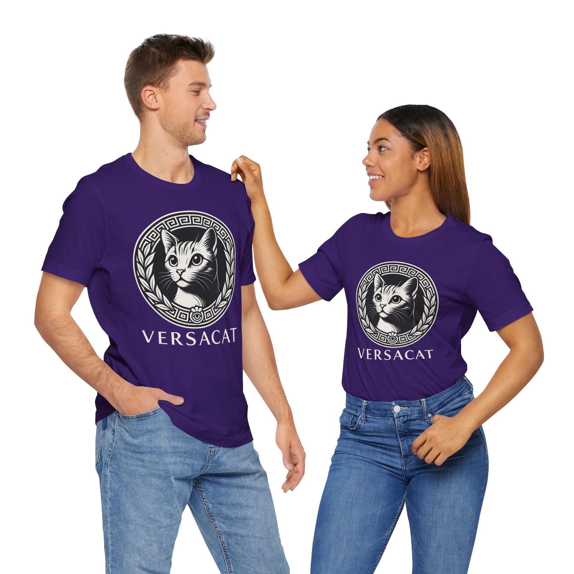 Couple wearing team purple Versacat Royal Emblem cat lover t shirt – funny cat shirts for men and women