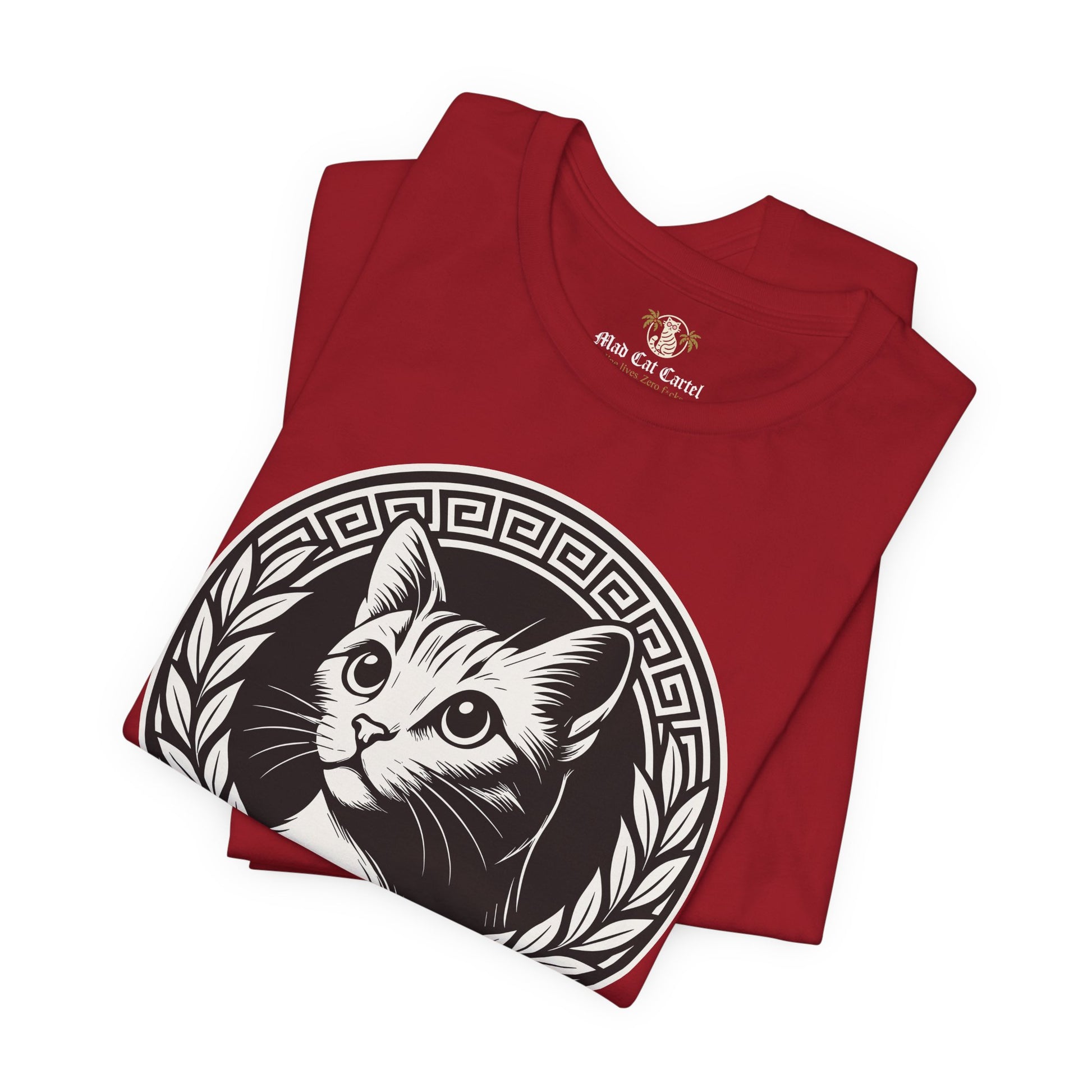 Folded canvas red Versacat Royal Emblem cat t shirts for cat lovers and everyday wear