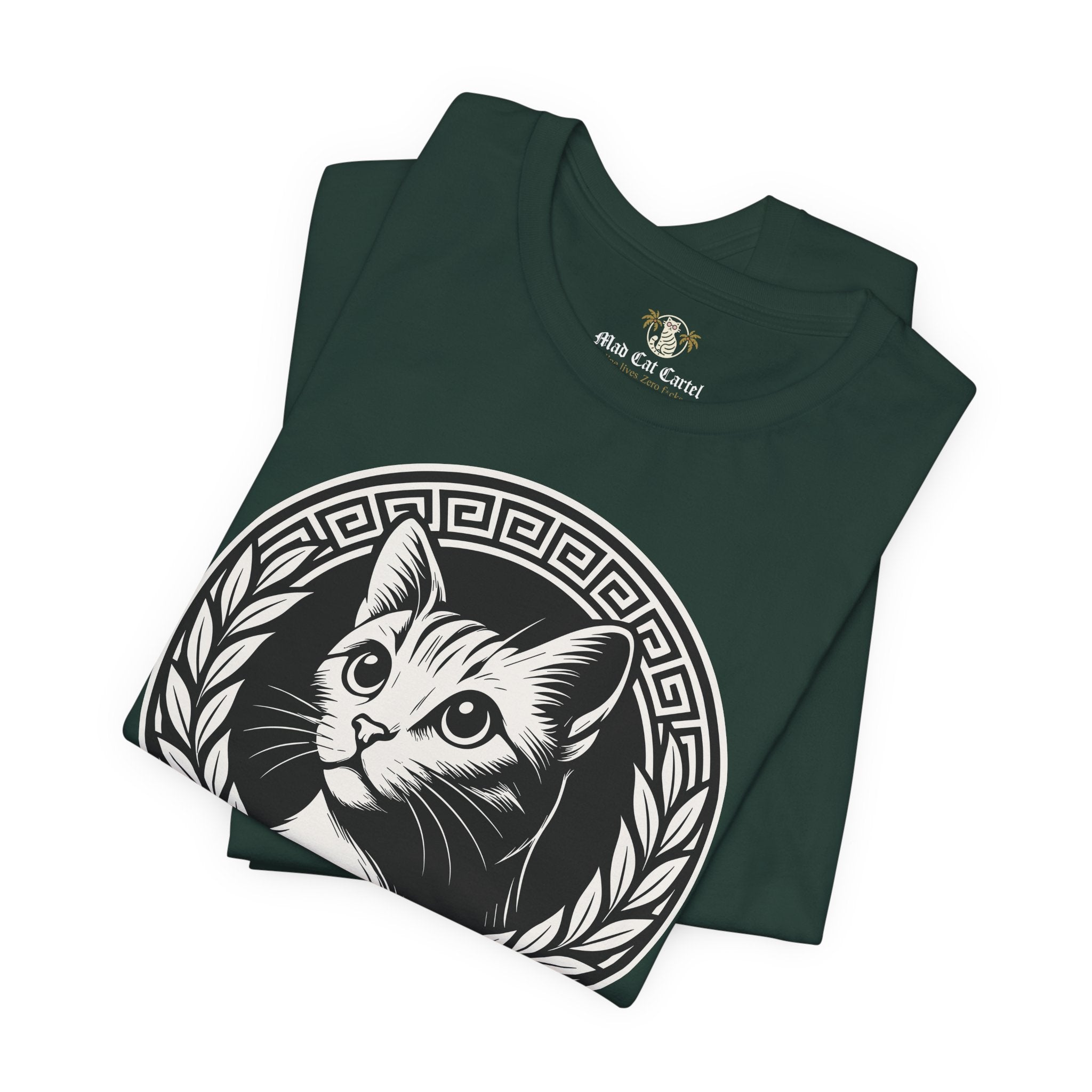 Folded forest green Versacat Royal Emblem cat t shirt – funny cat shirts for men and cat t shirts for women