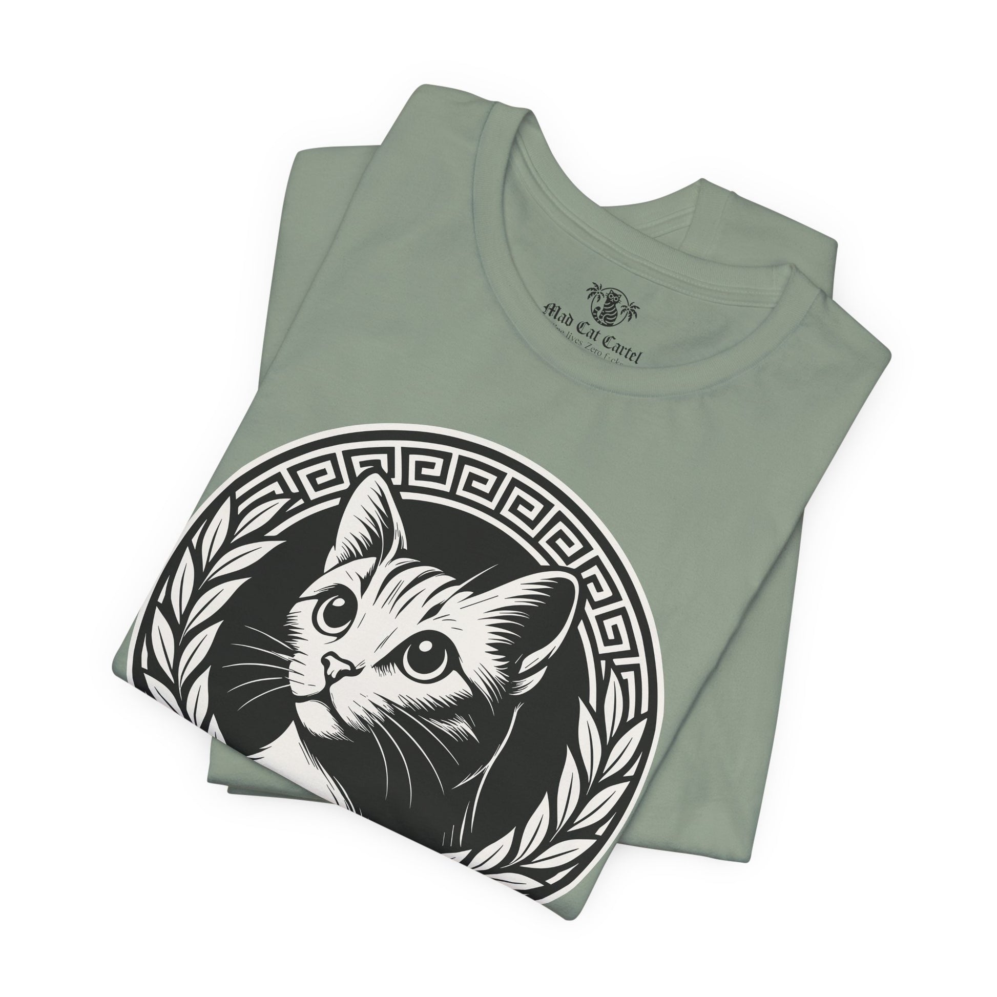 Folded sage green Versacat Royal Emblem cat t shirt – funny cat shirts for men and women