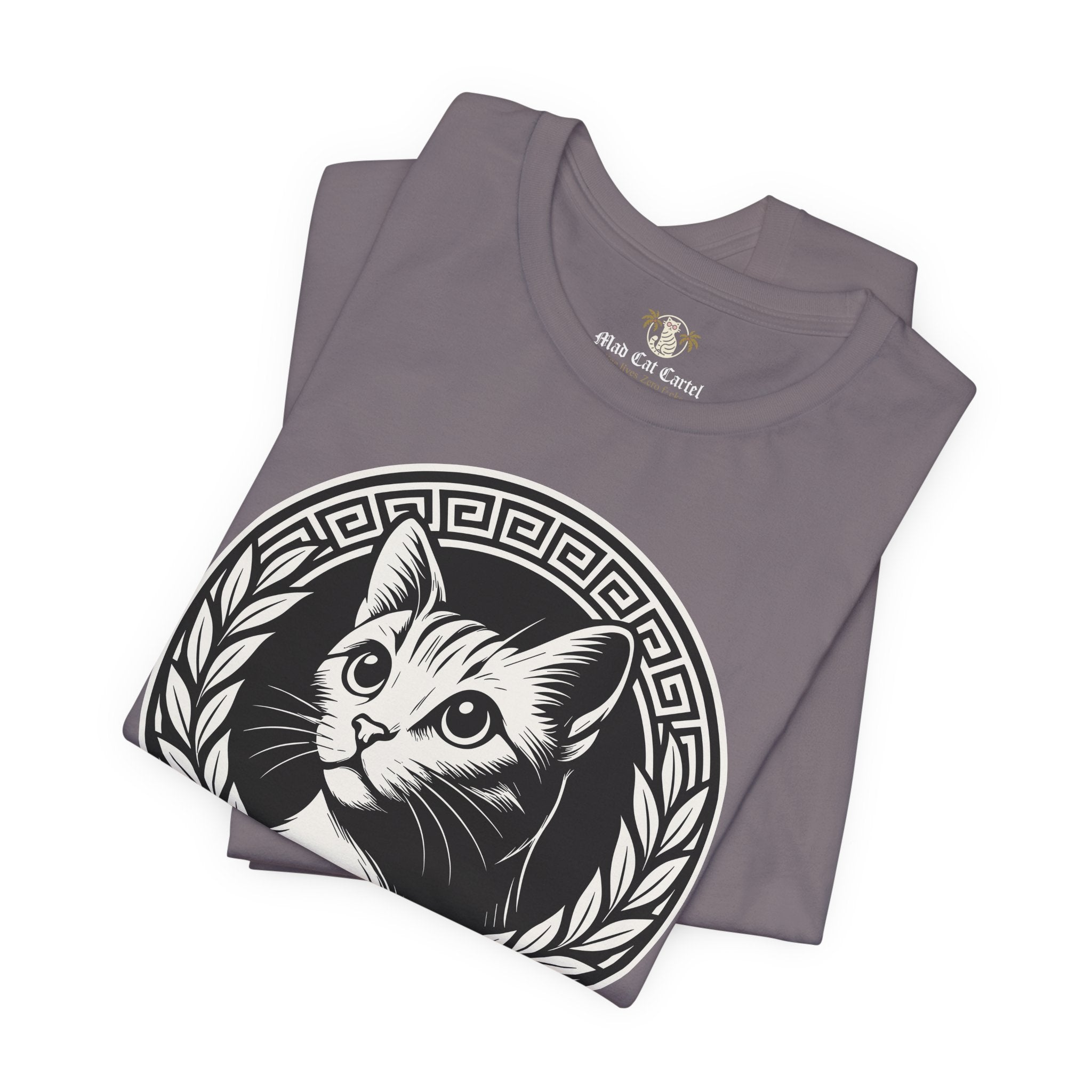 Folded storm grey Versacat Royal Emblem cat t – shirts for cat lovers and casual wear
