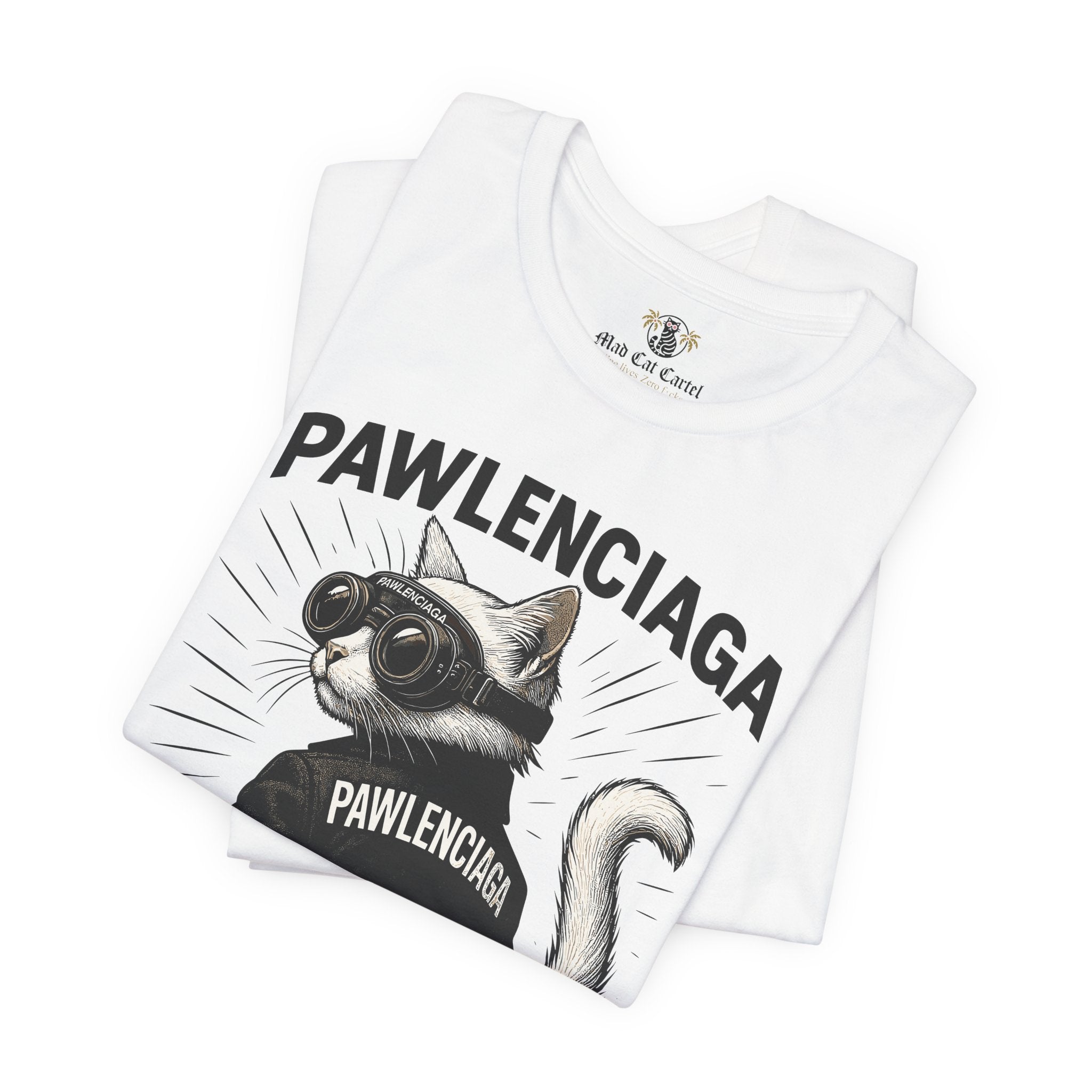 Pawlenciaga cat graphic t shirt, white, cat t shirts for men folded view